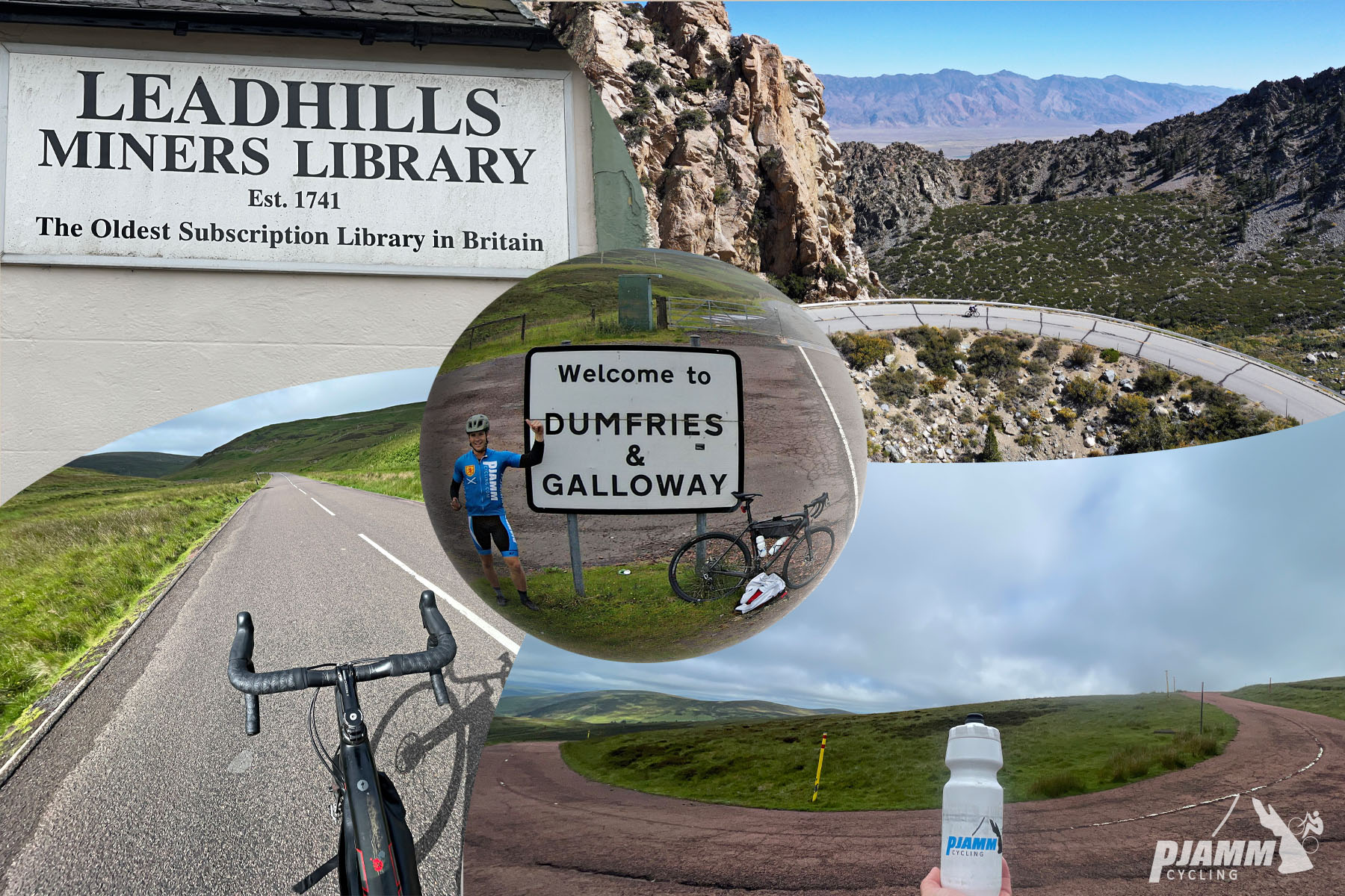Cycling Lowther Hill, Scotland photo collage shows signs for Leadhills Miners Library, Dumfries and Galloway
