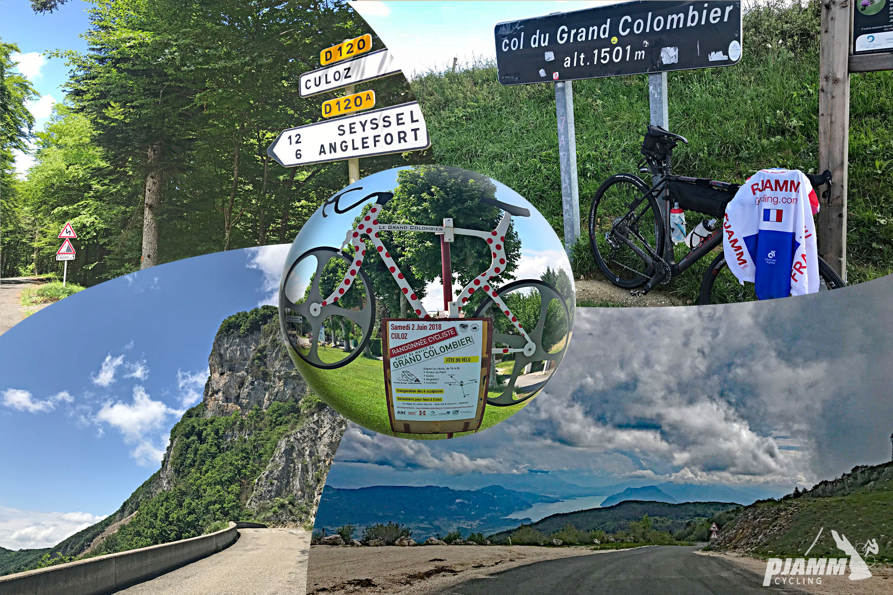 photo collage shows KOM bike statue, sign for col du Grand Colombier