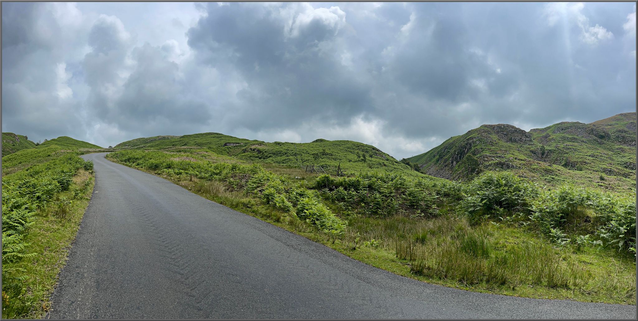 overcast day; one-lane roadway surrounded by green landscape