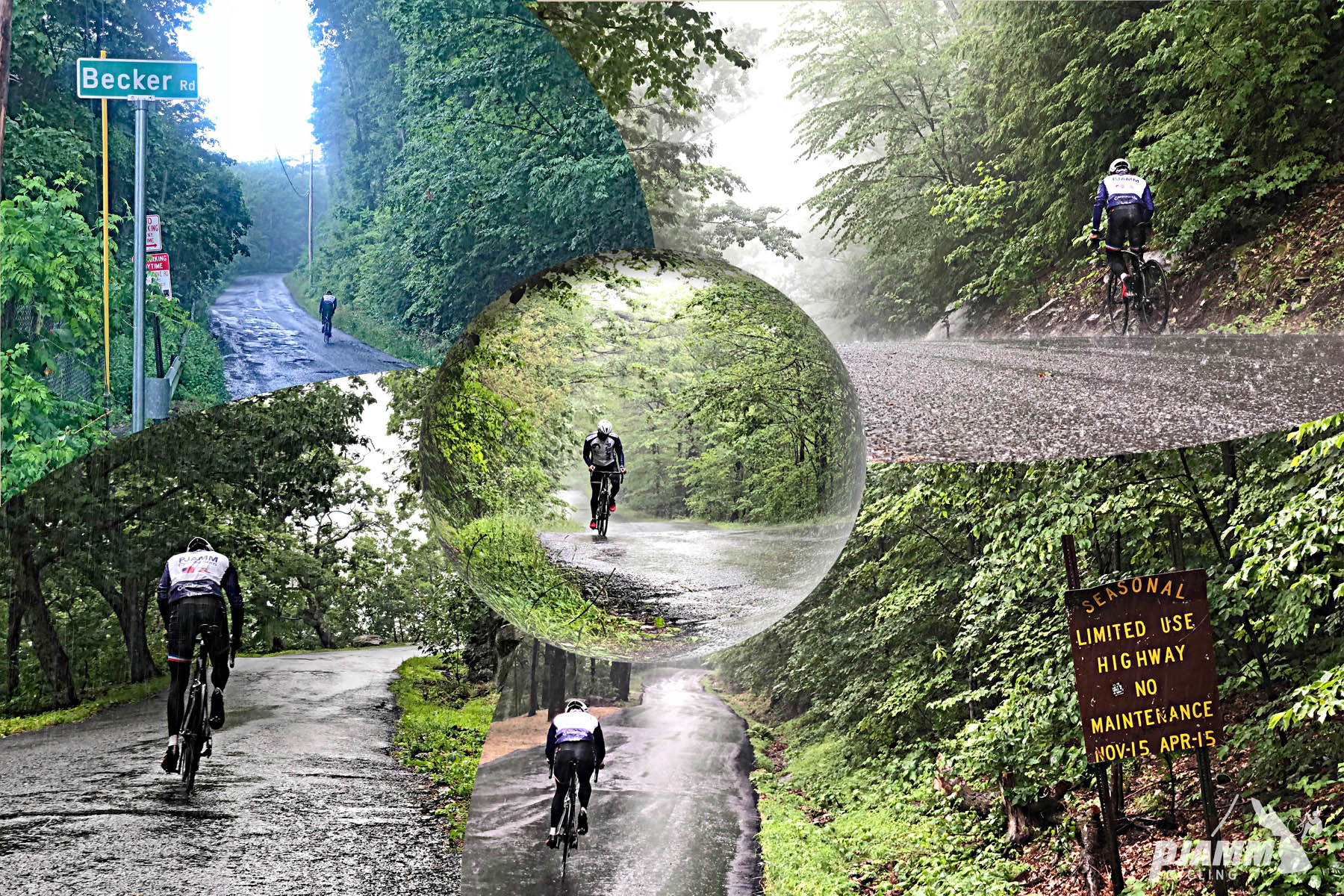Cycling Devil's Kitchen, Platte Clove Road, New York - photo collage, PJAMM Cycling logo in corner, cyclists riding on wet, one-lane narrow country roadway surrounded by dense greenery and fog, road sign for Becker Road, road sign reading "Limited Use Highway No Maintenance November 15 - April 15"