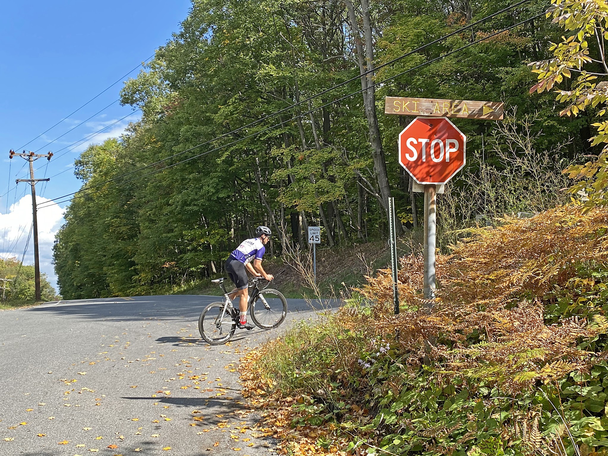 Cycling Pavia Road, Blue Knob State Park, Pennsylvania - cyclist turns at Stop Sign to stay on Pavia Road