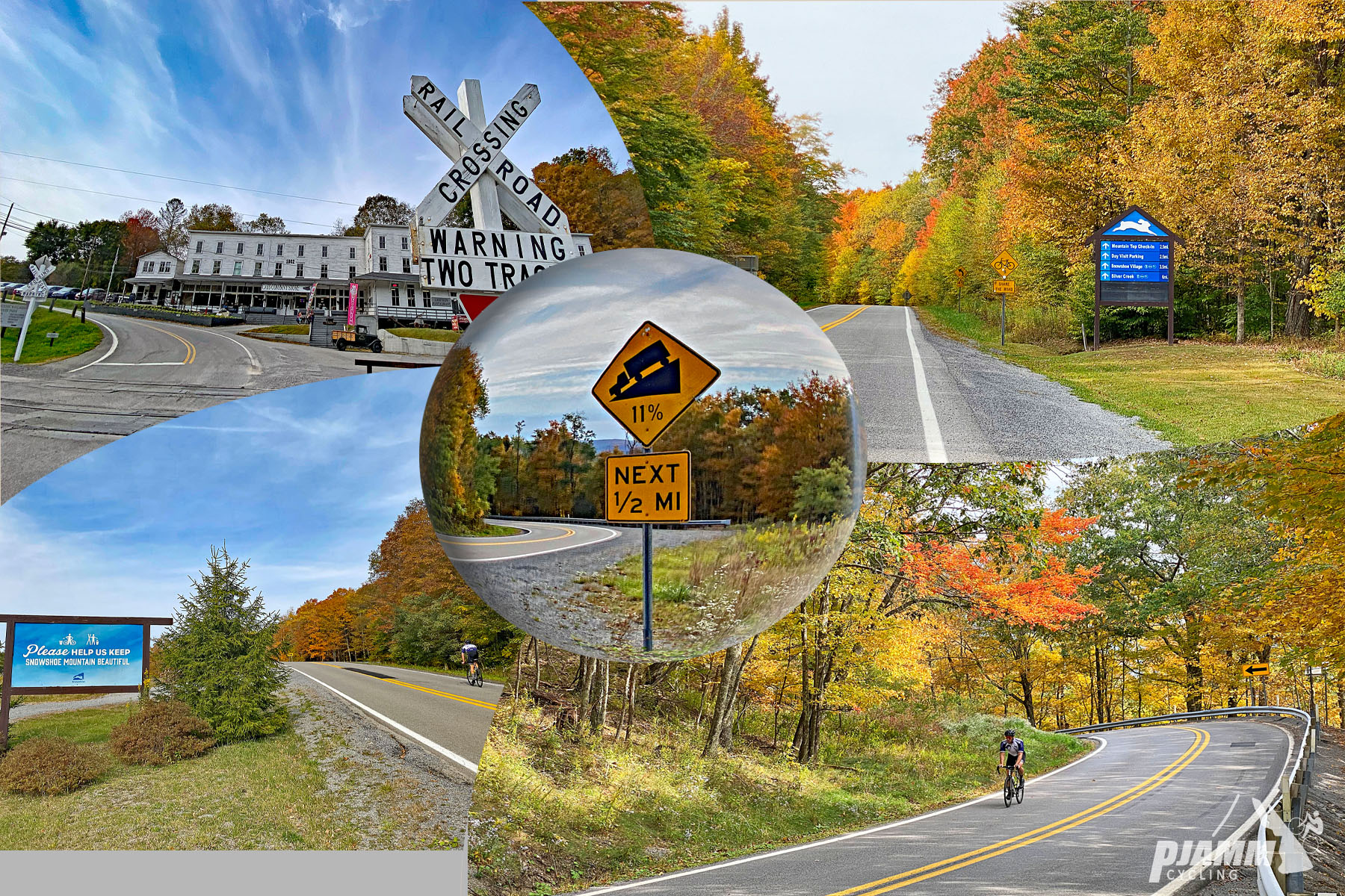 Cycling Snow Shoe Drive East, West Virginia - photo collage, railroad crossing, two-lane roadway surrounded by dense fall foliage, road sign for 11% grade, PJAMM Cycling logo in corner