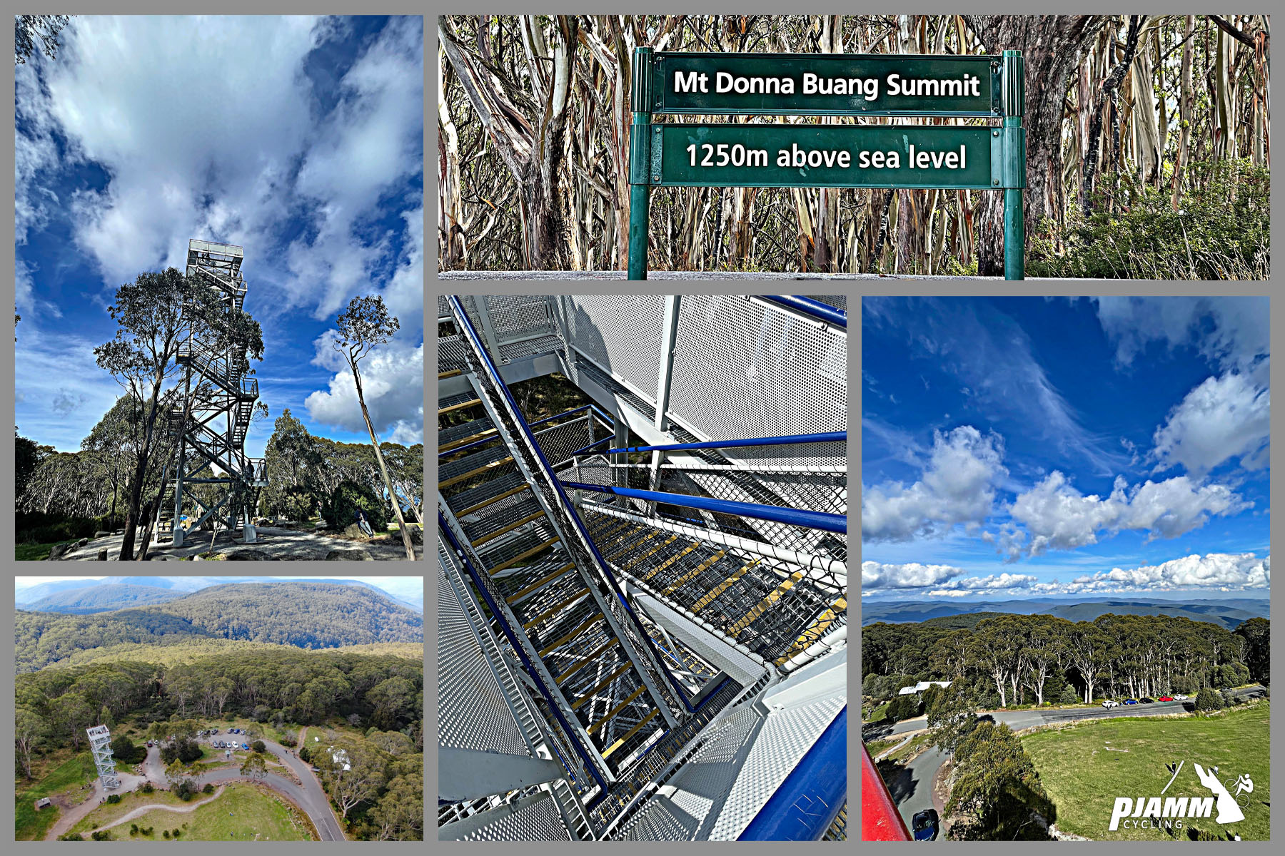 Cycling Donna Buang, Victoria, Australia photo collage climb's summit; sign for Mt. Donna Buang Summit, 1250 m above sea level; large metal lookout structure