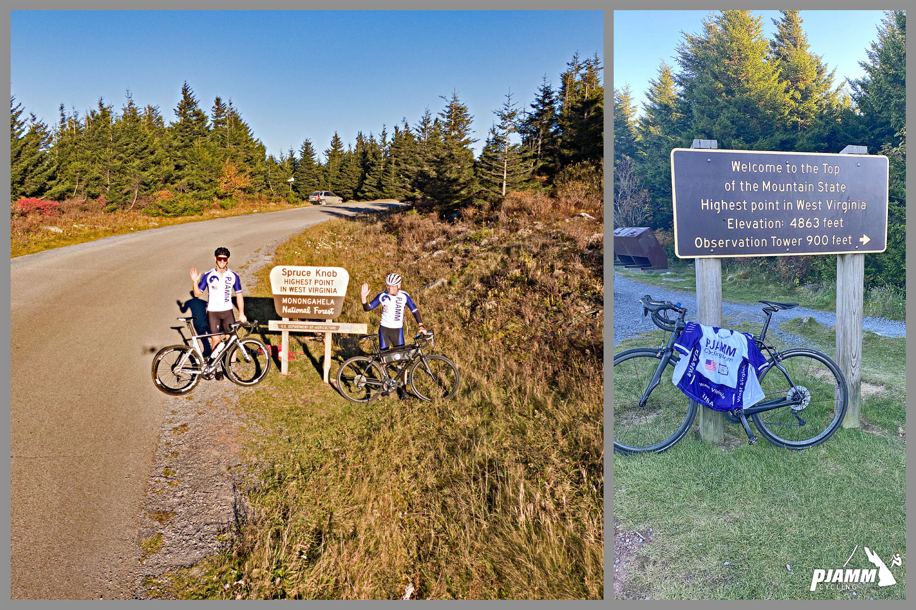 Cycling Spruce Knob, West Virginia - photo collage, two PJAMM Cyclists hold their bikes and wave next to sign for Spruce Knob Highest Point in West Virginia, bike parked next to sign stating "Welcome to the Top of the Mountain State, Highest Point in West Virginia," PJAMM Cycling logo in corner