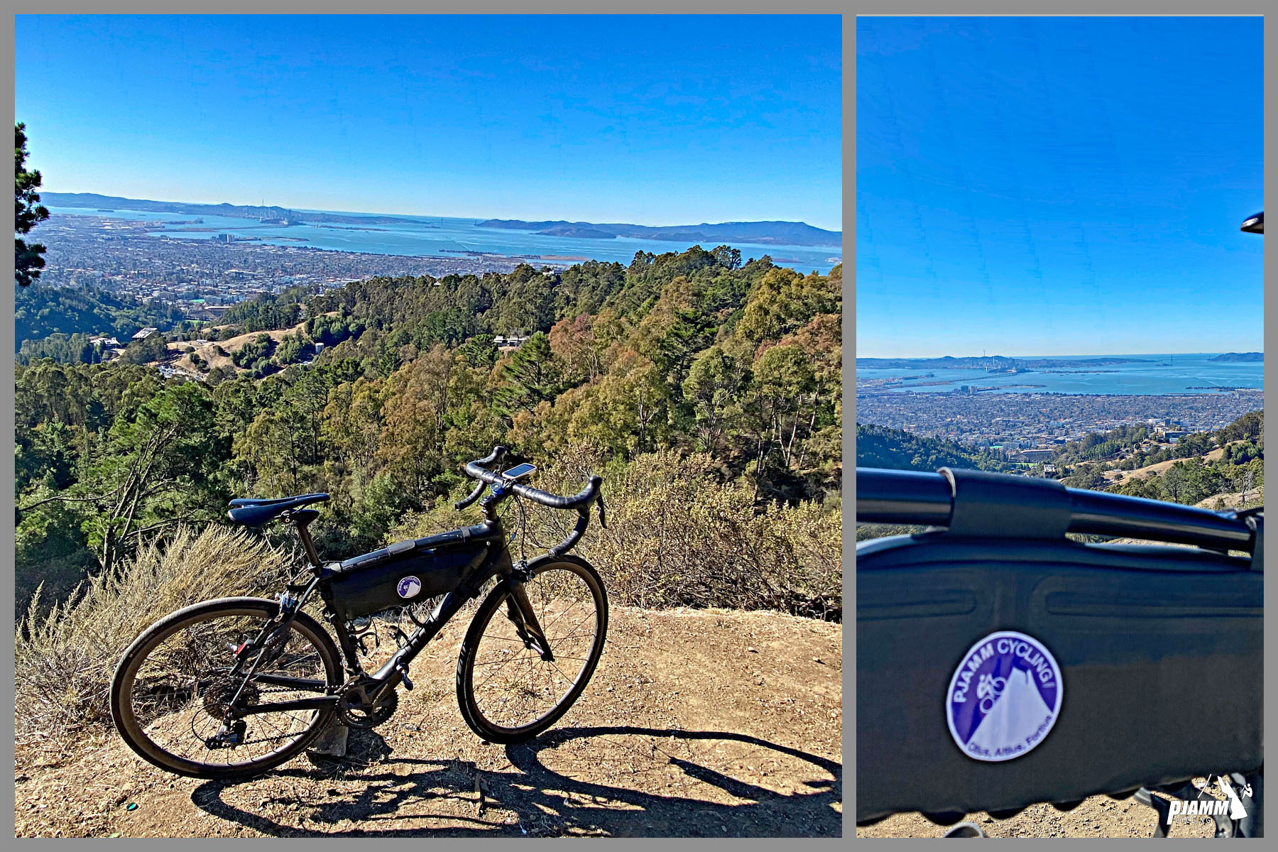 Cycling Claremont to Grizzly Peak, California - bike parked on hillside overlooking bay area views