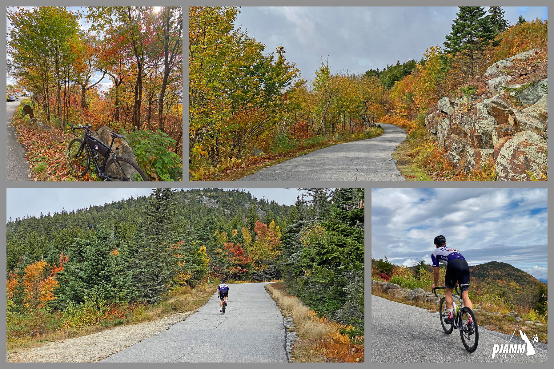 Cycling Kearsarge Mountain Road, New Hampshire - photo collage, PJAMM Cyclists climbing on one-lane roadway into hills surrounded by dense fall foliage, PJAMM Cycling logo in corner