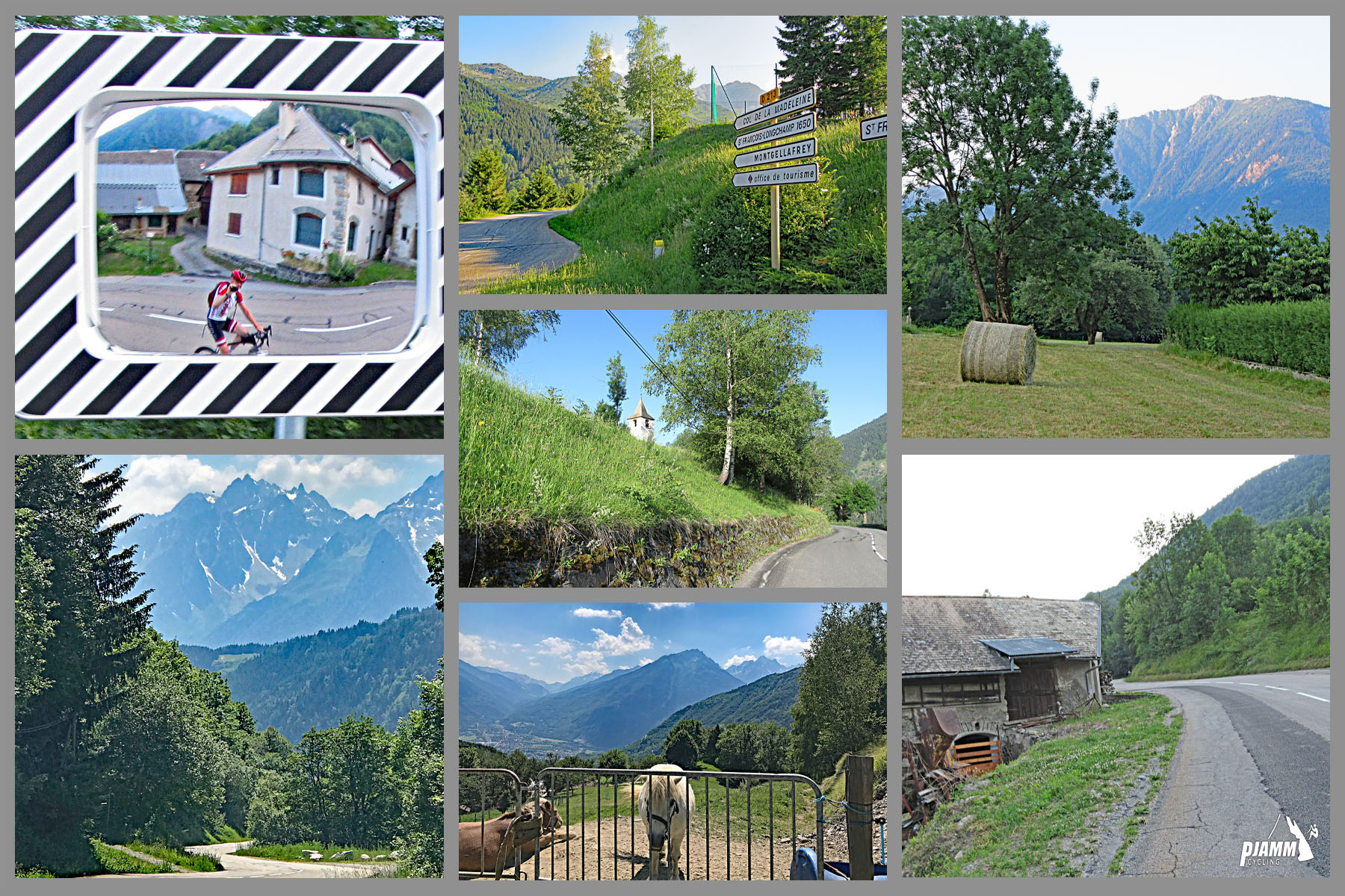 Photo collage shows views along the first third of the climb, including miniature ponies, lush green landscapes with gorgeous French alps in distance, large circular bales of hay in pastureland, old stone farm buildings