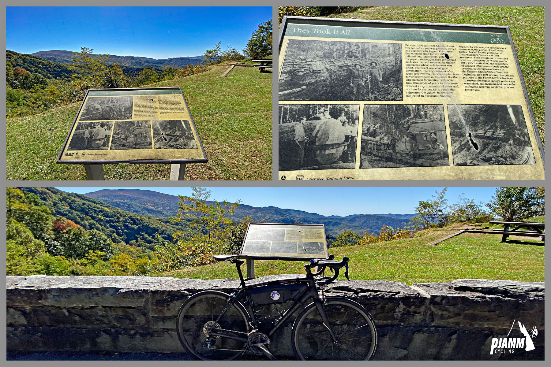 Cycling Cherohala Skyway, Tennessee - bike parked next to informational signs at overlook looking over dense forestation and bright green lawn space 