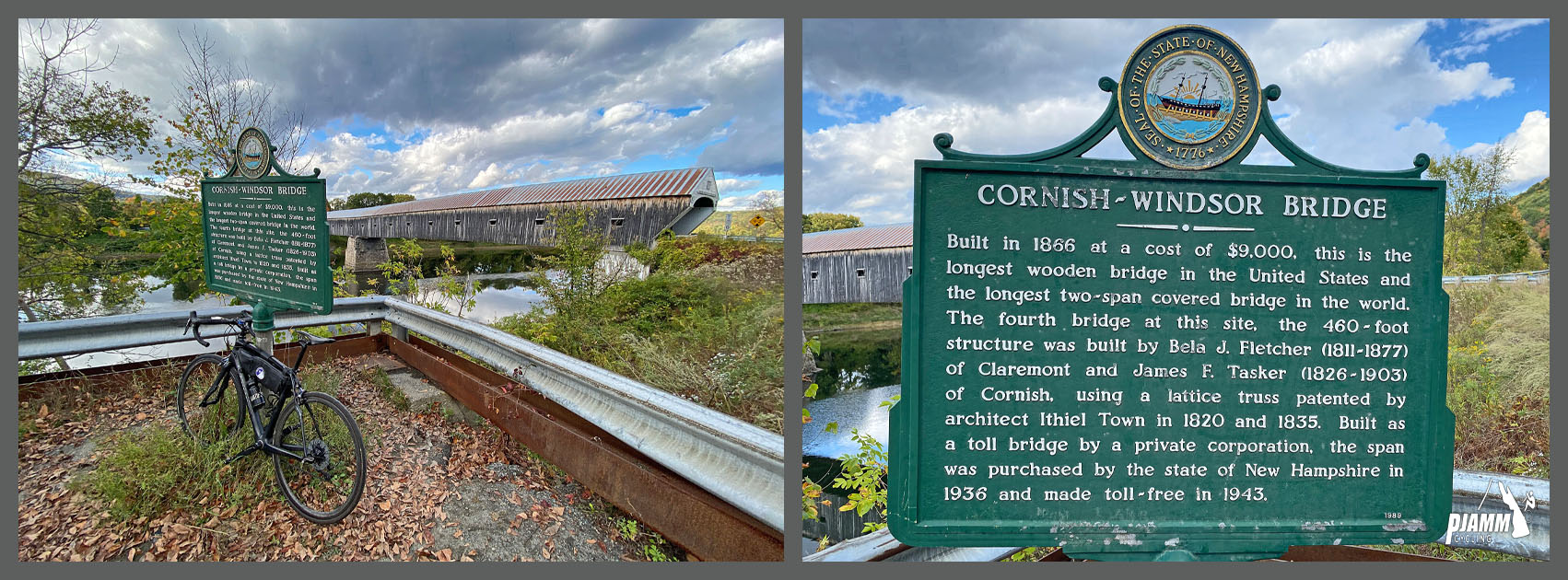 Cycling Mt. Ascutney, Vermont - bike parked in front of historical sign with information on Cornish-Windsor covered bridge