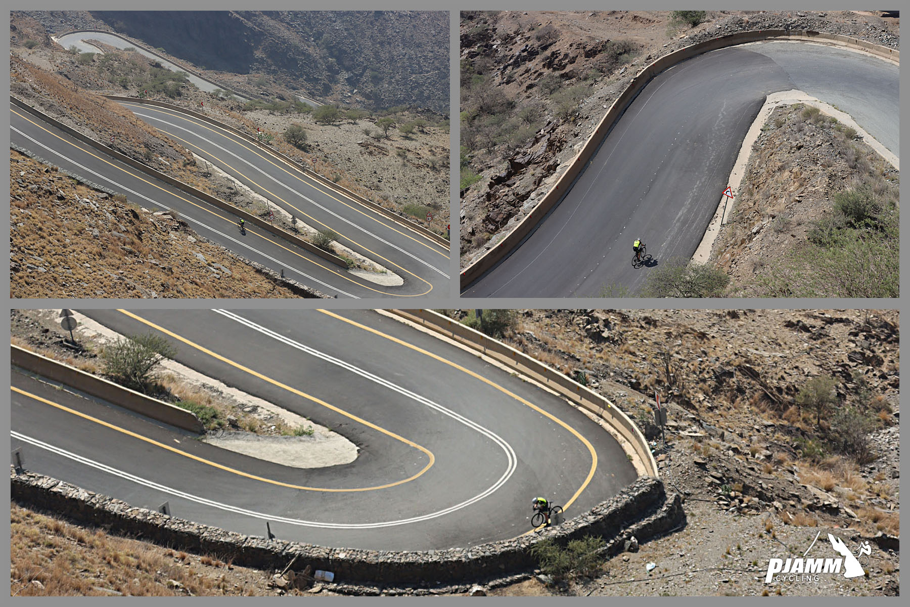 Cycling Beth-rah Pass, Asir Mountains, Saudi Arabia - photo collage looking down on extremely sharp hairpin turns up the mountain