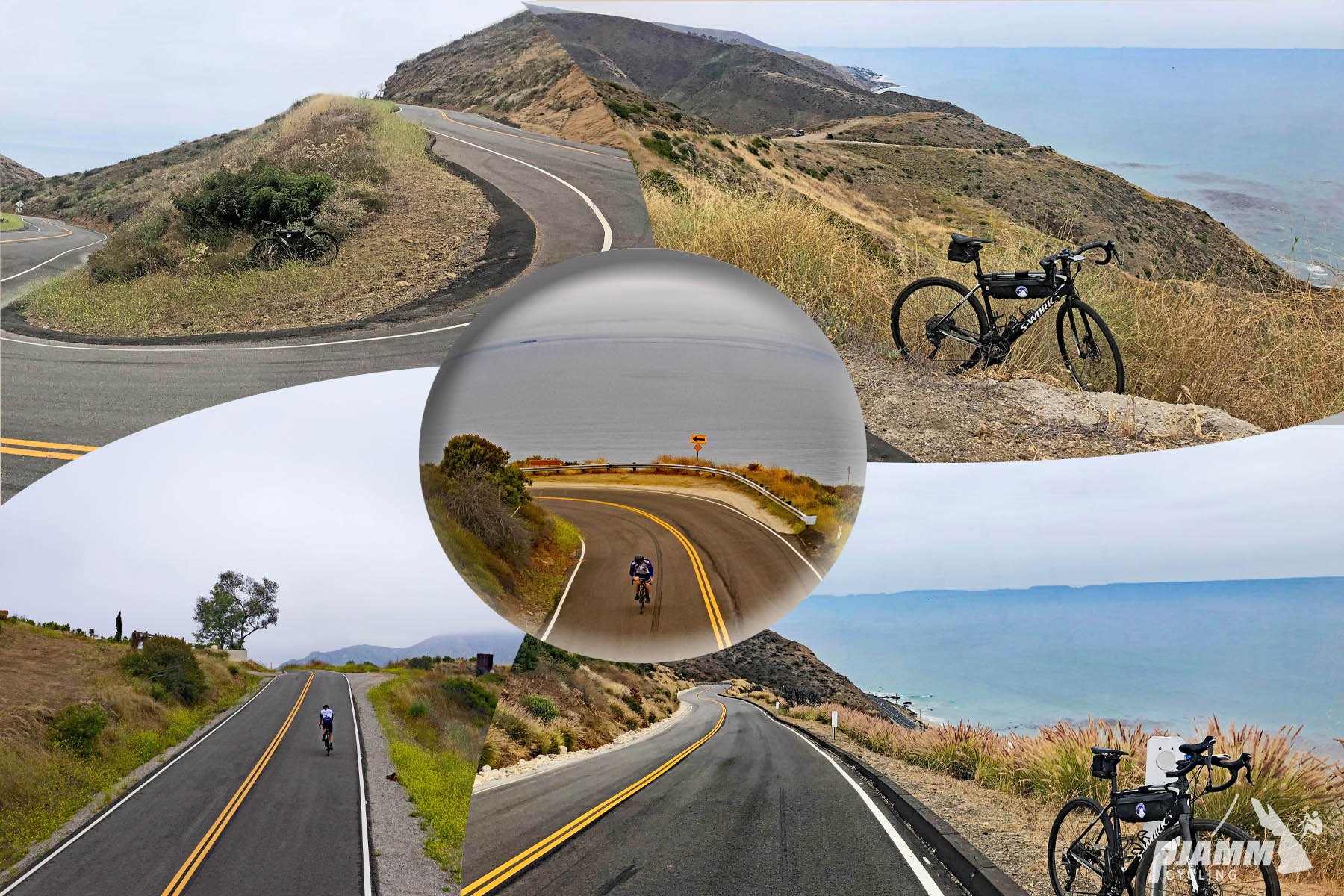 Climbing Deer Creek Road by bike - photo collage, severely curved road, bicycle overlooking ocean, straight road with coastal terrain, PJAMM Cycling logo in corner