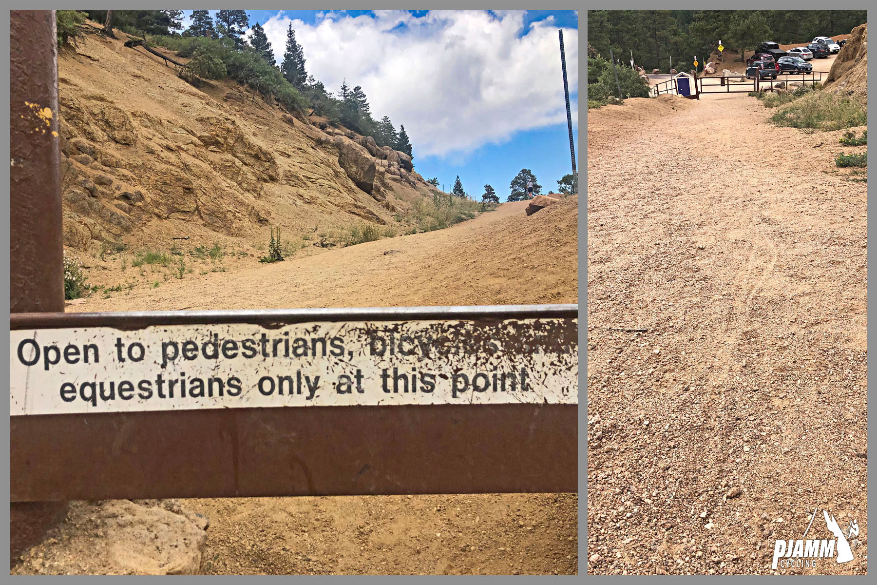 Cycling North Cheyenne Cañon, Colorado Springs - photo collage, PJAMM Cycling logo in corner, sticker on gate reads "Open to pedestrians, bicyclists, equestrians only at this point", gravel/dirt road beyond gate