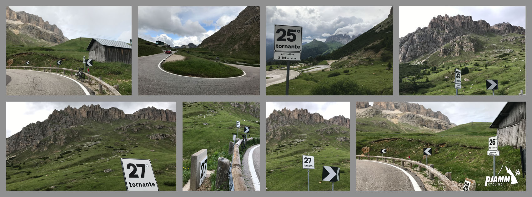 Cycling Passo Pordoi from Canazei - road signs mark the turns on the climb