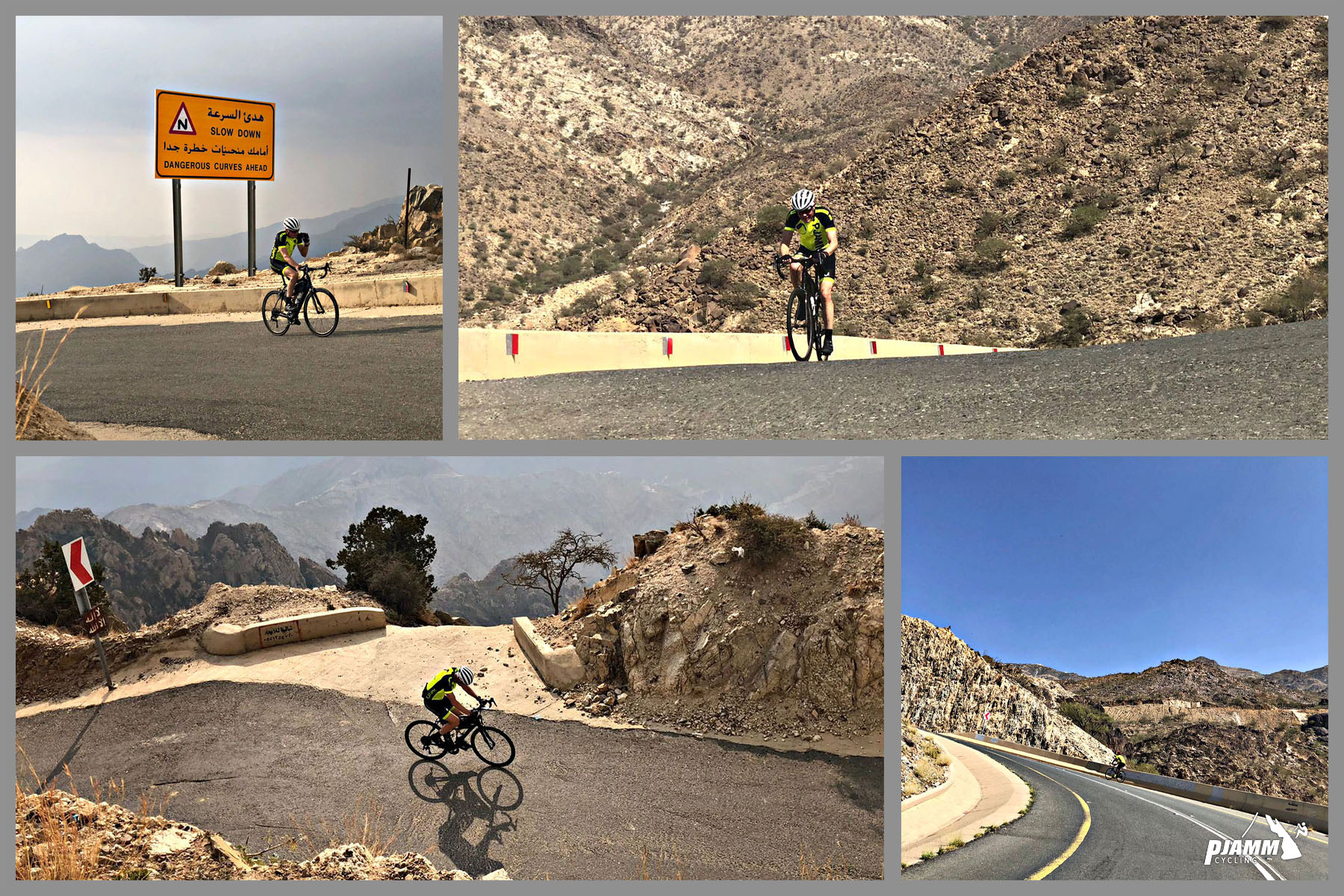 Cycling Baniamr Aquabah Pass, Saudi Arabia - photo collage shows PJAMM Cyclist riding toward the finish of the Baniamr Aquabah ride