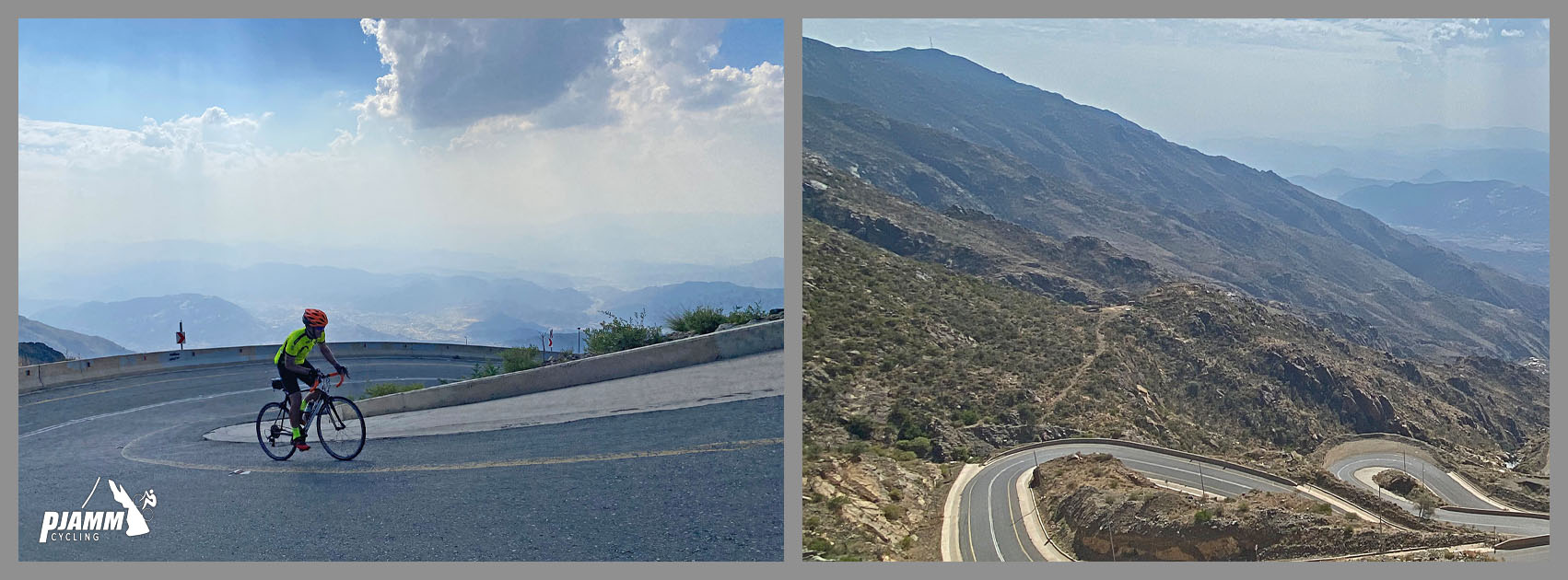 Cycling Bashout Pass, Saudi Arabia - PJAMM Cyclist climbs on final hairpin of the 62 on this climb
