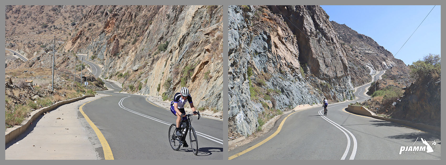 Cycling Bani Horairah - PJAMM Cyclist climbs on steep segment of two-lane roadway, rocky mountain wall on roadside