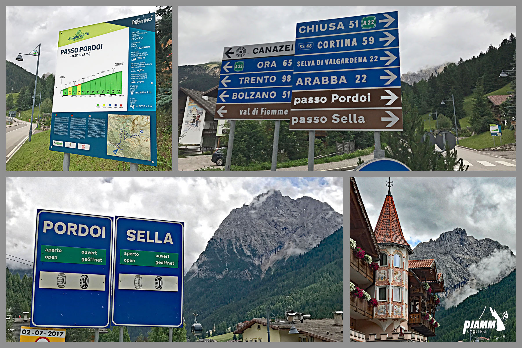 Cycling Passo Pordoi from Canazei - beginning of climb in Canezi, Italian alps town