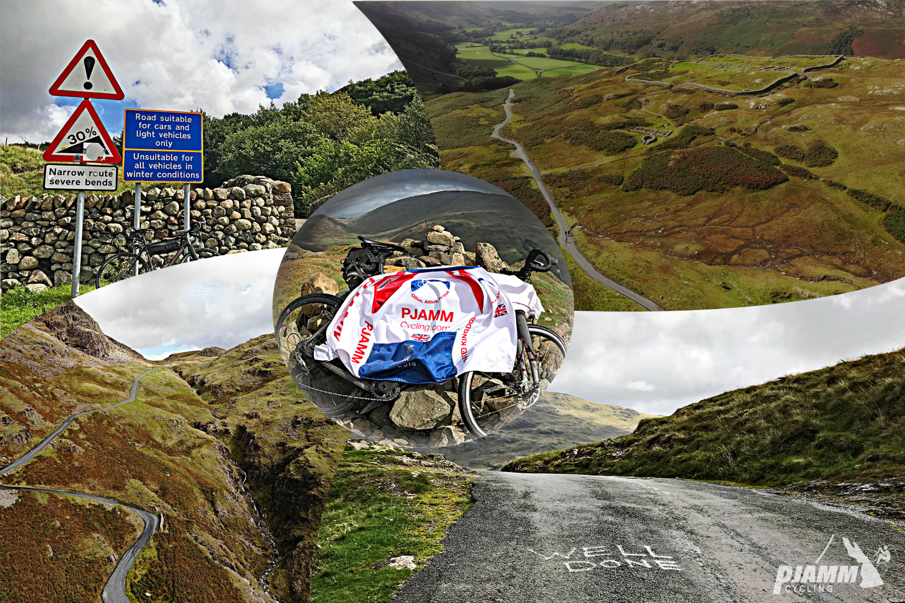 Cycling Hardknott Pass West photo collage shows road sign for 30% grade, road spray painted "well done"