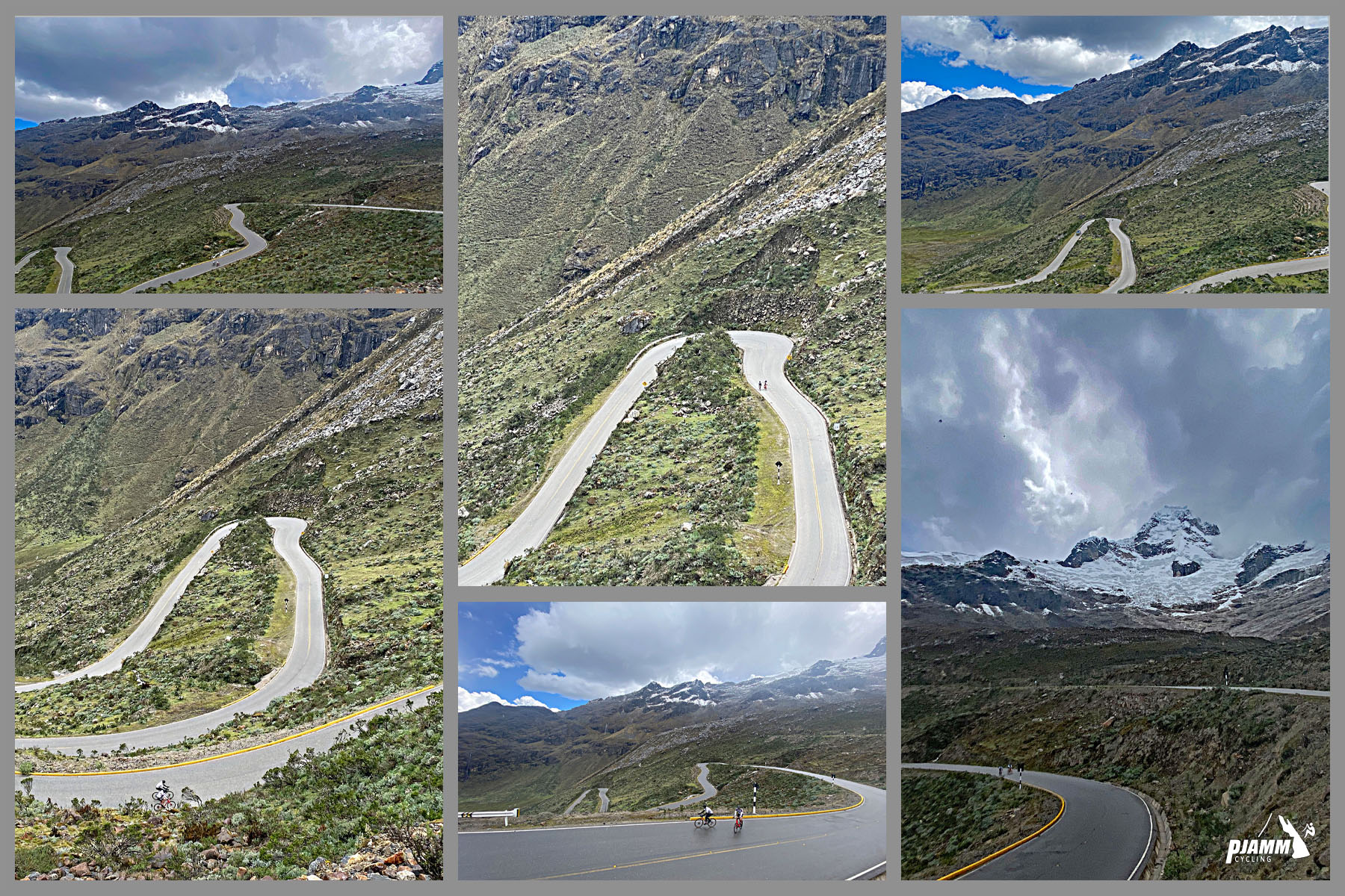 Cycling Punta Olimpica East, Peru - photo collage shows views of the upper hairpins on the climb; PJAMM Cycling logo in corner
