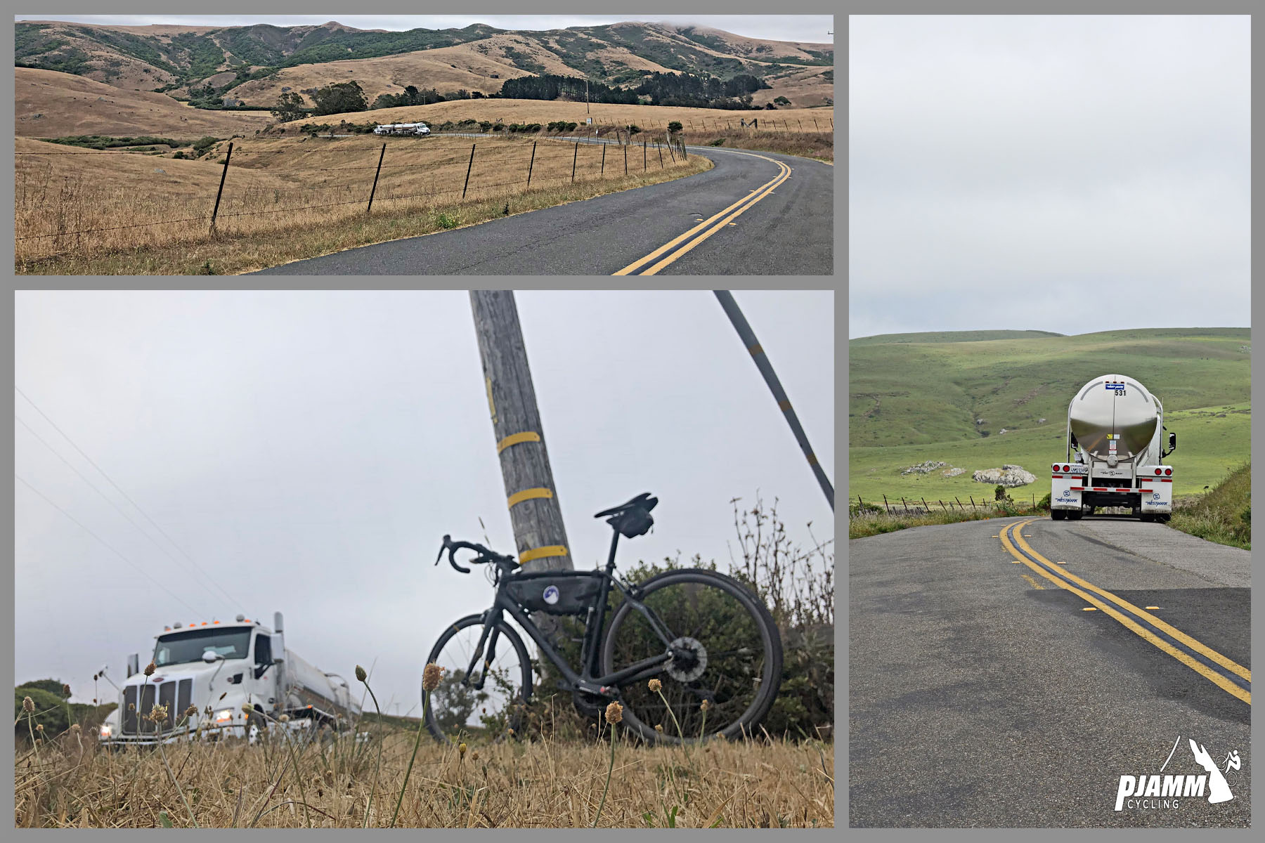 Cycling Marshall Wall West, Marin County, California Cycling Marshall Wall West, Marin County, California - bike parked against power line as large dairy truck drives by, views of expansive pastureland with brown dry grass, PJAMM Cycling logo in corner