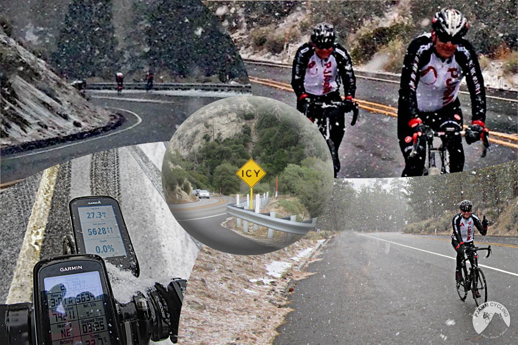 photo collage, PJAMM Cyclists climb Onyx summit in snow storm