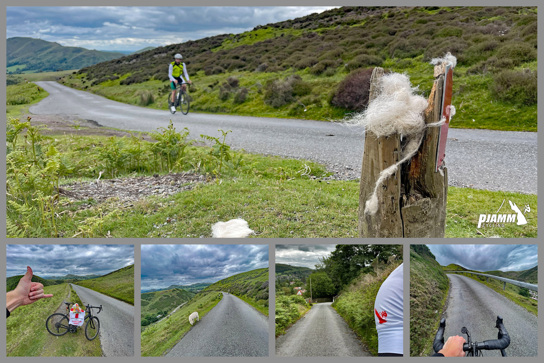 photo collage shows PJAMM Cyclists riding on one lane roadway, surrounded by green pastureland