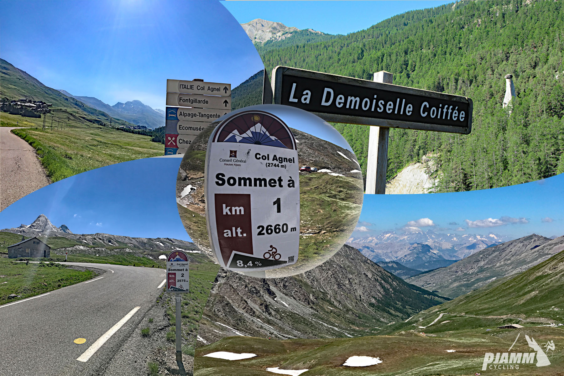 photo collage shows sign for Summit, sign reading La Demoiselle Coiffe, pockets of snow along beautiful green hillsides