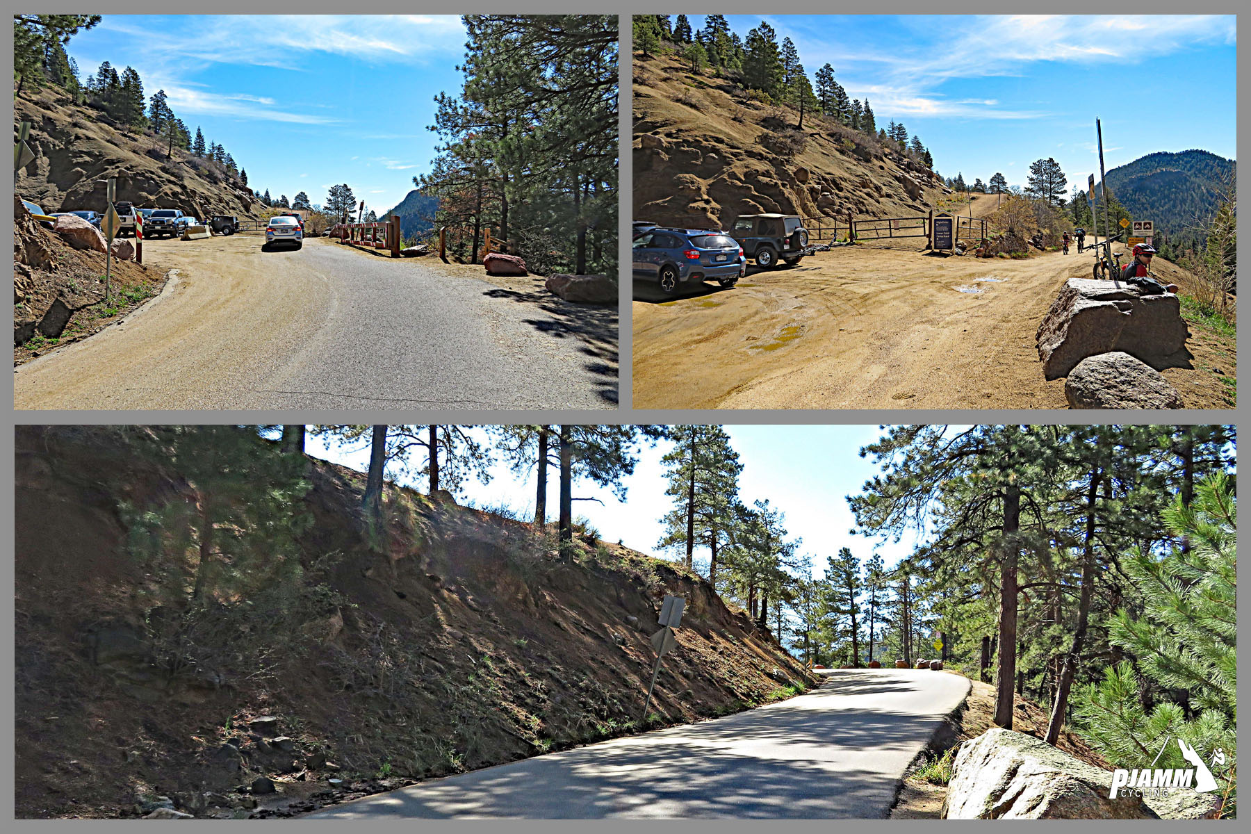 Cycling North Cheyenne Cañon, Colorado Springs - photo collage, PJAMM Cycling logo in corner, pavement ends at climb's finish, road becomes dirt