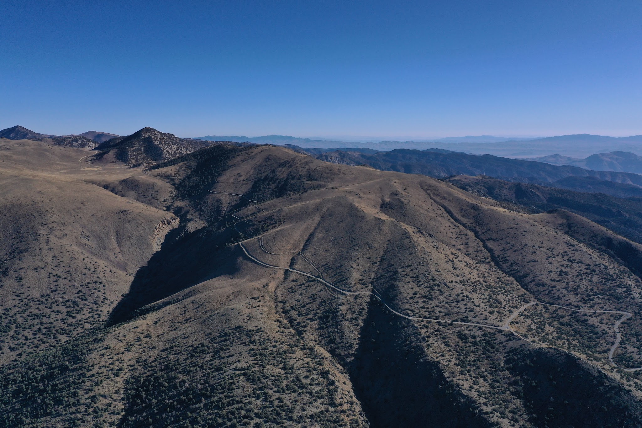 Cycling White Mountain Road - Bristlecone Forest - aerial drone photo of Schulman Grove and Serra View Overlook.
