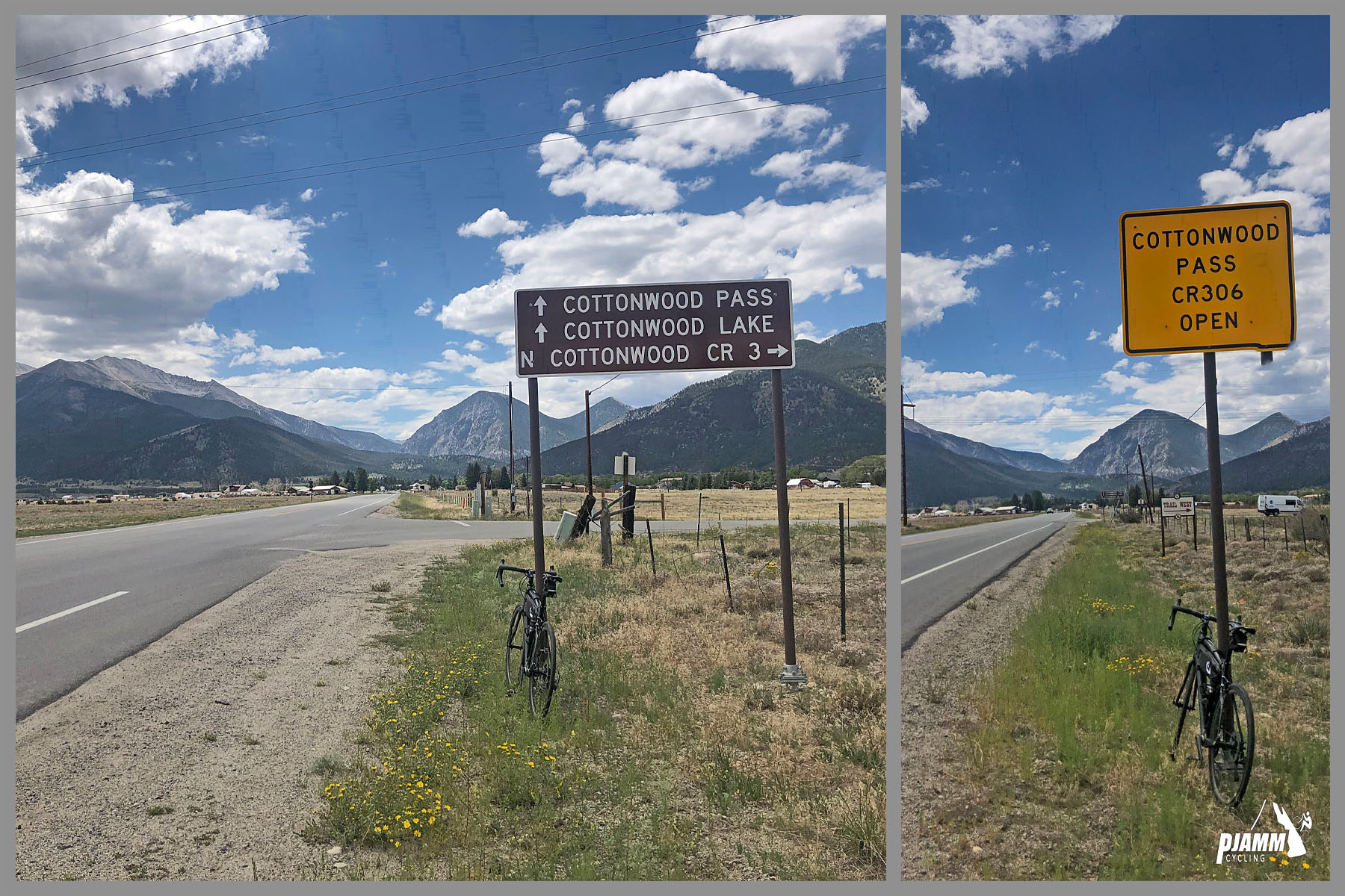 Cycling Cottonwood Pass, Colorado - PJAMM Cycling logo in corner, bike parked next to road signs for Cottonwood Pass, Cottonwood Lake, N Cottonwood Circle, Cottonwood Pass Open