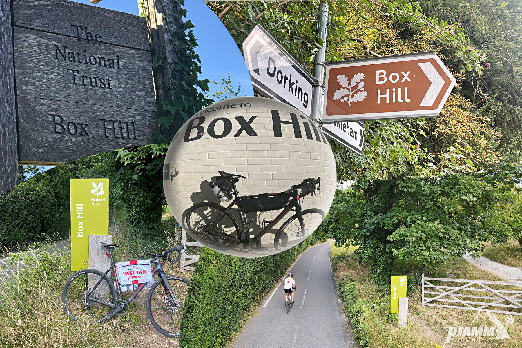 photo collage shows street signs reading Box Hill, an aerial drone view of a PJAMM cyclist riding on 2-lane roadway
