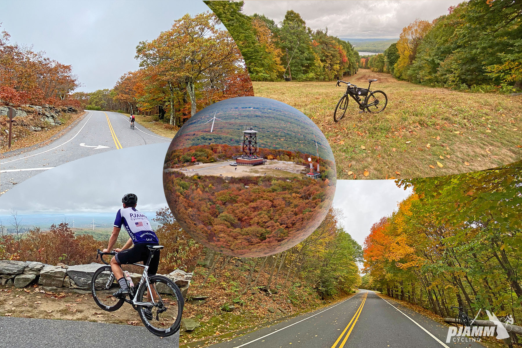Cycling Wachusett Mountain North, Massachusetts  - bike parked in field surrounded by fall foliage, two-lane road with fall foliage, PJAMM Cycling logo in corner