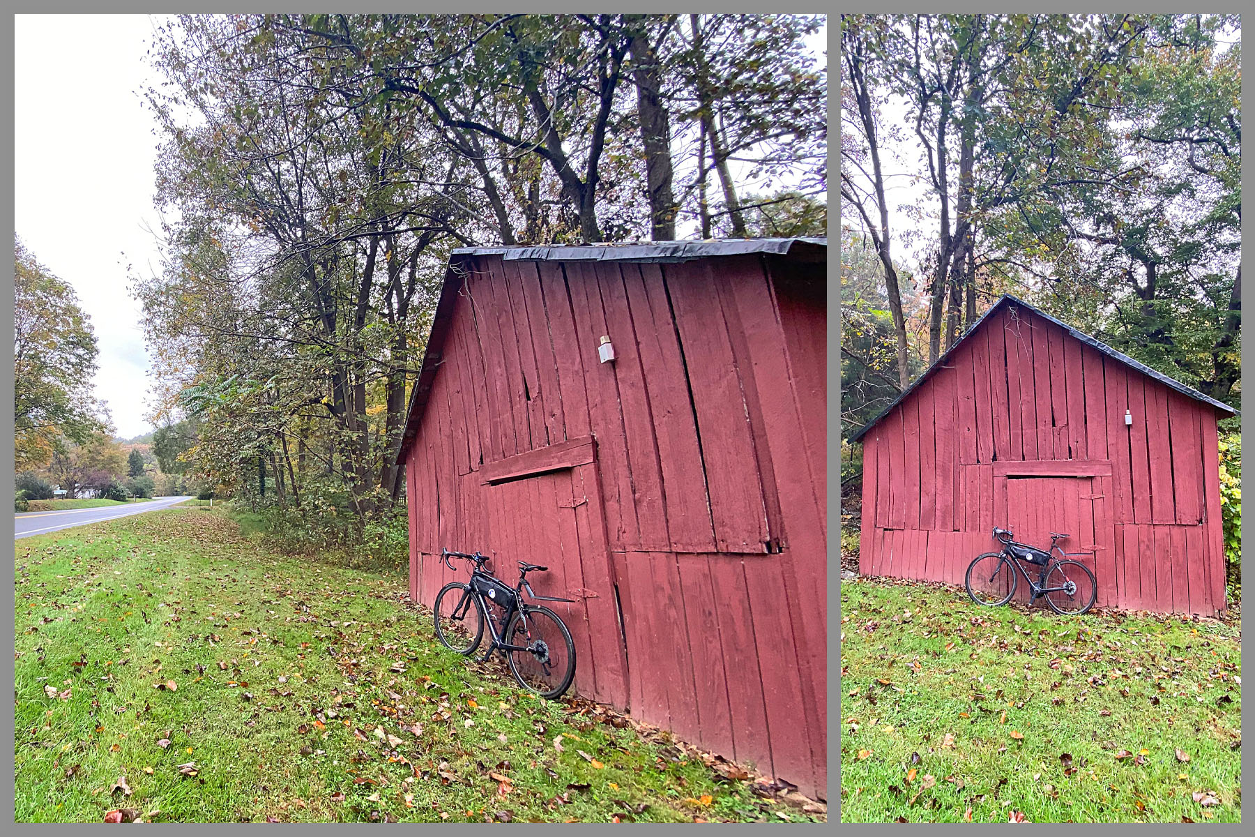 Cycling Wintergreen, Virginia - bike parked in front of old large red barn along roadside
