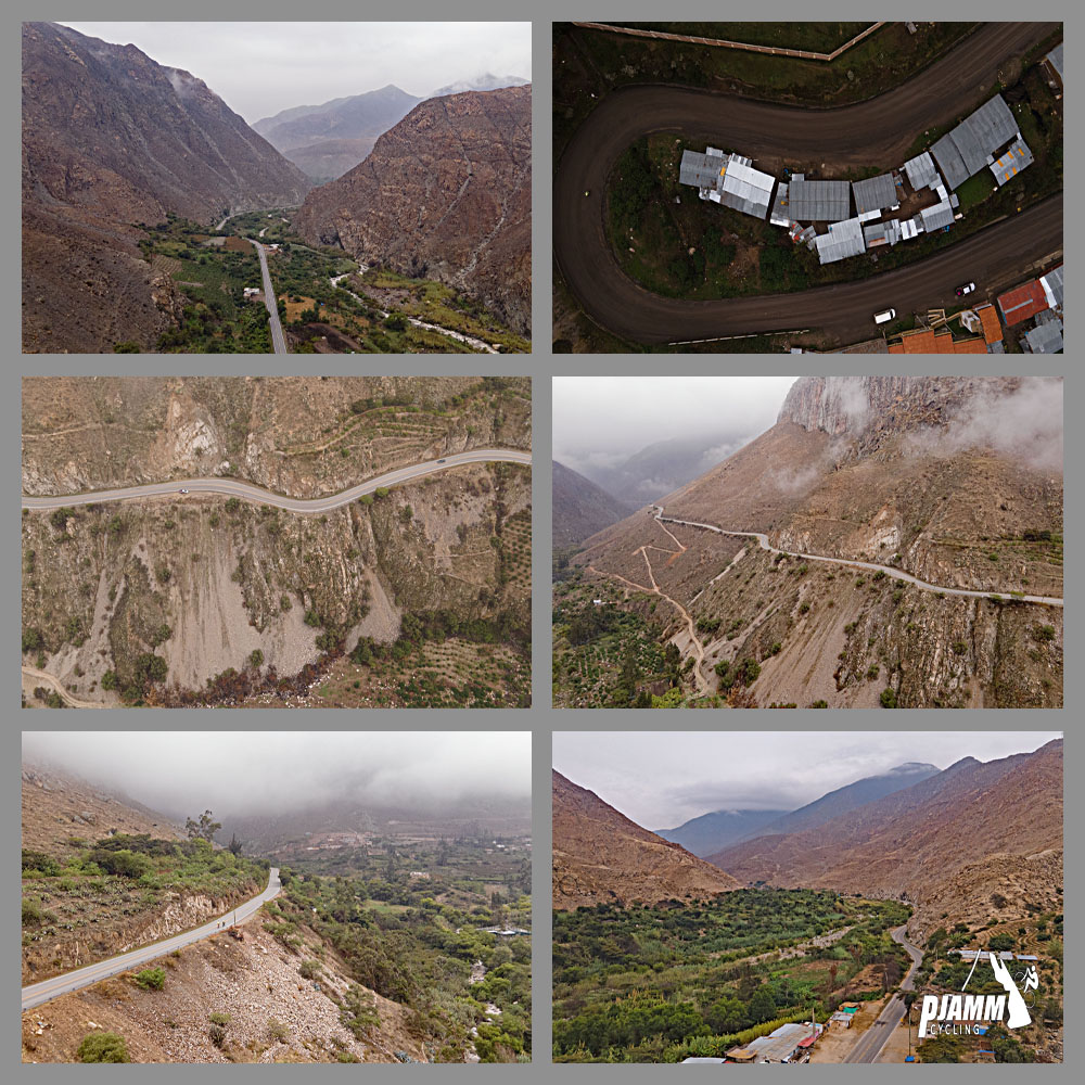 Cycling Conococha, Peru - aerial views show roadway through deep canyon; photo collage, PJAMM Cycling logo in corner 