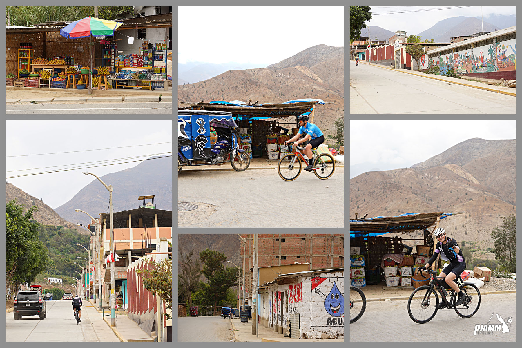 Cycling Punta Callan East, Peru - photo collage, PJAMM Cyclists riding their bikes through village of Pariacoto; open air fruit markets