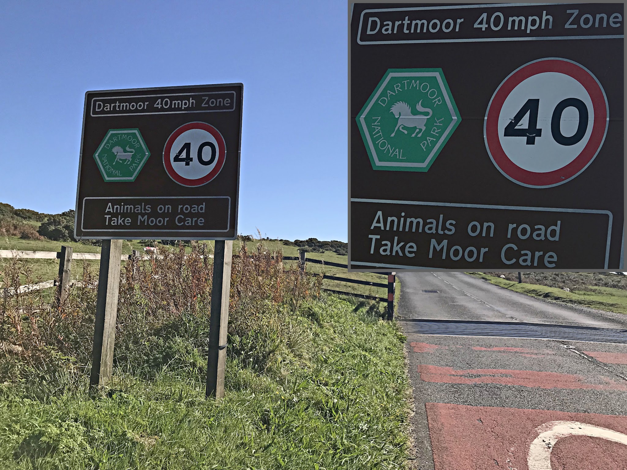 Cycling Rundlestone, England - road sign stating "Dartmoor 40 mph zone" and "Animals on road take moor care"