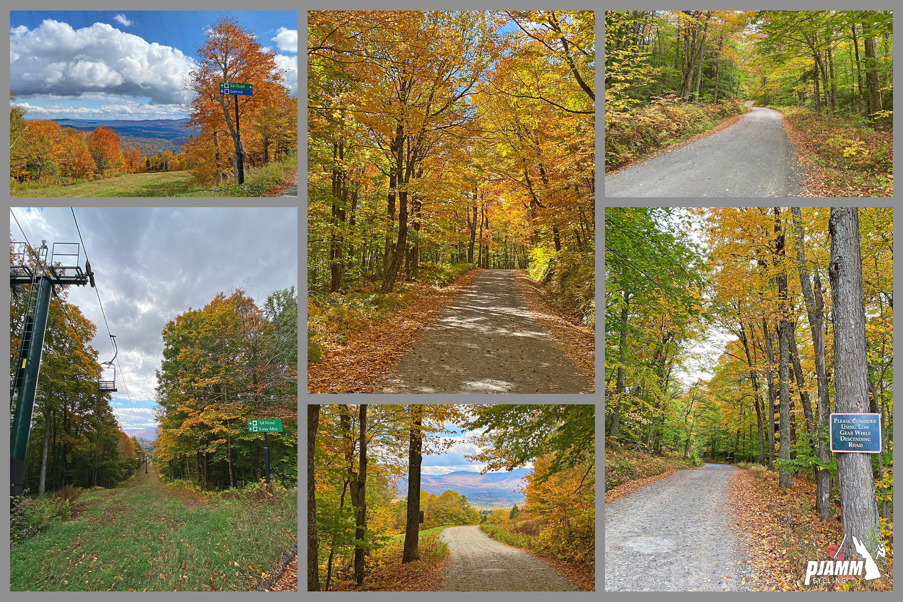 Cycling Mt. Mansfield, Vermont - photo collage, fall foliage, one-lane gravel road, PJAMM Cycling logo in corner
