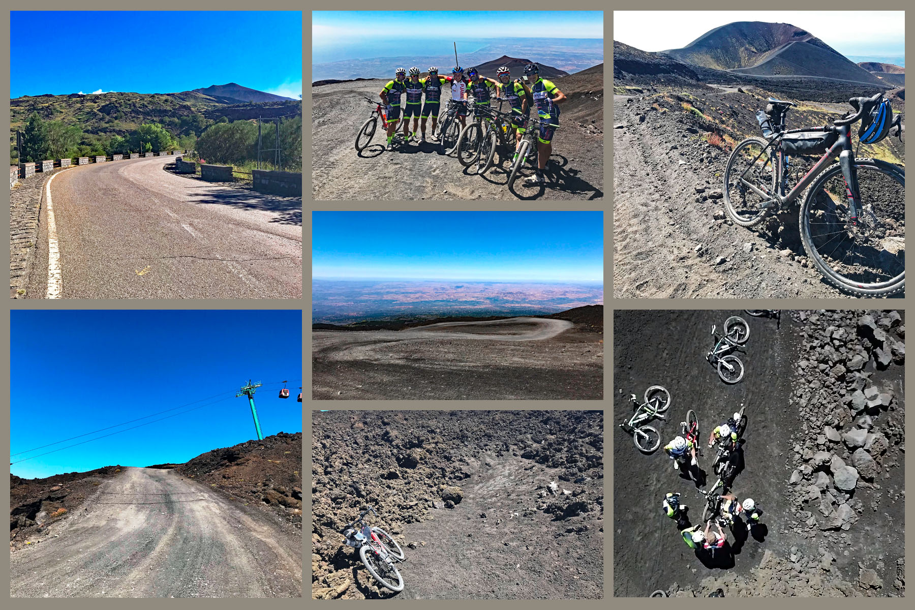 Drone photo on top of Mount Etna of cyclists.