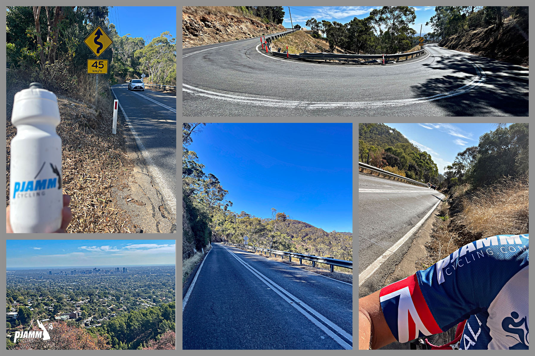 photo collage includes hairpin turn in roadway; views looking down on Adelaide below