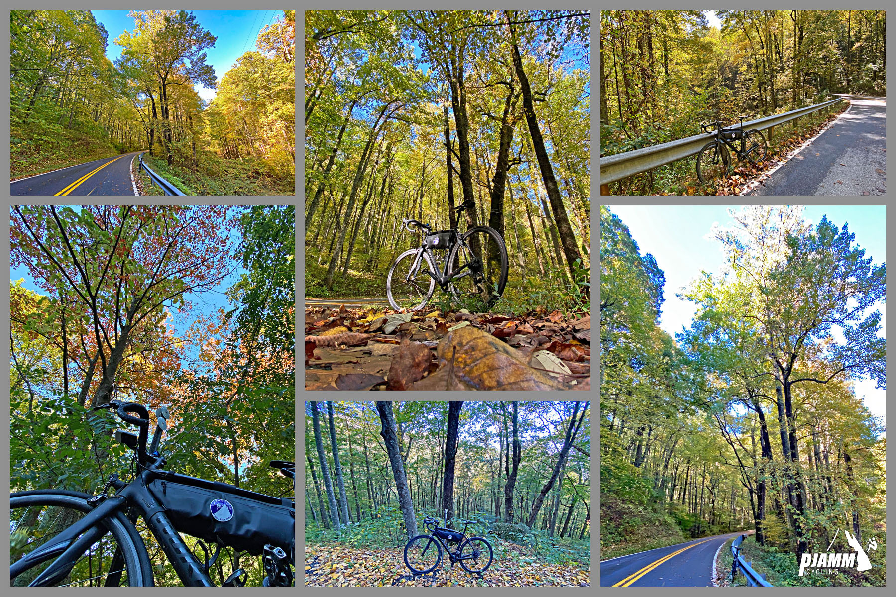 Cycling Wolfpen Gap East, Georgia - bike parked at various locations along second half of climb, dense fall foliage 