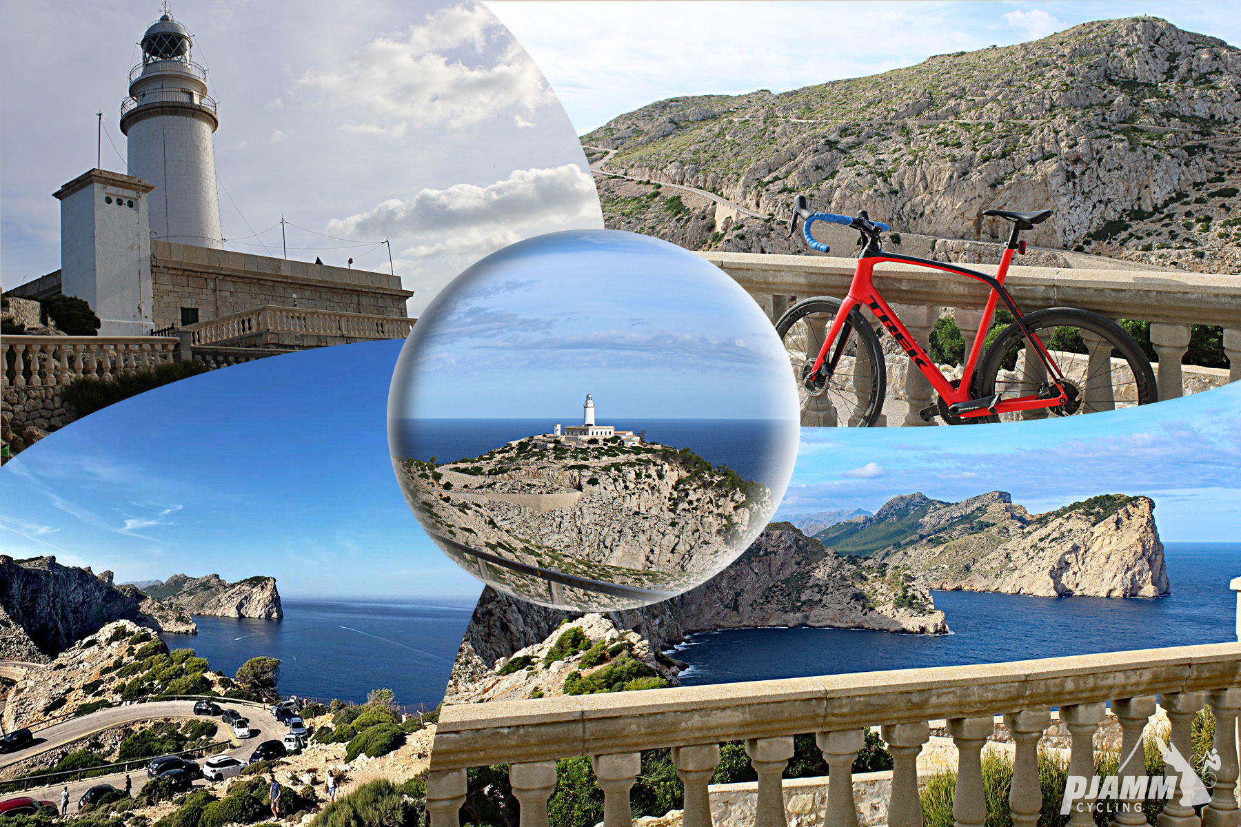 photo collage shows up close and distant view of Cap de Formentor lighthouse, hairpin turns in roadway, bike parked next to low retaining wall made from white columns