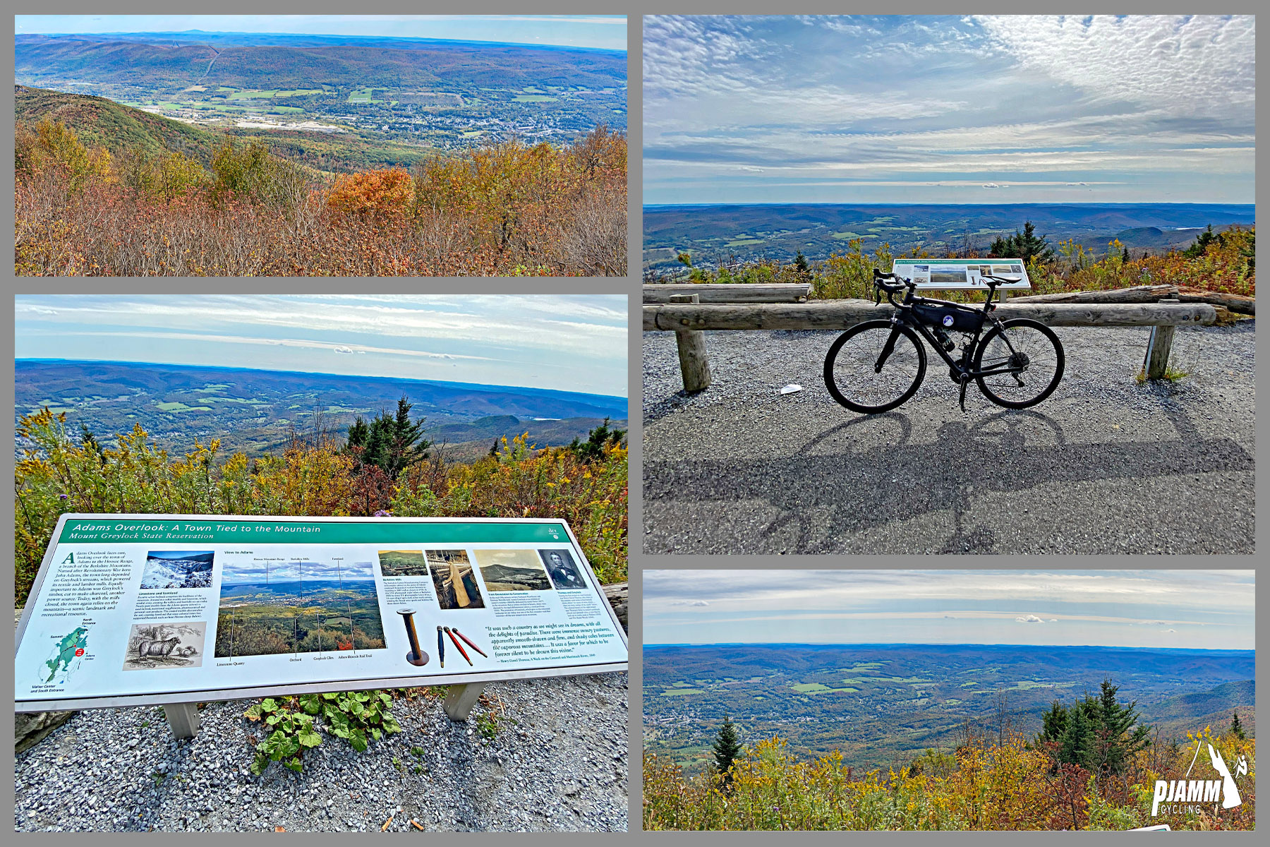 Cycling Mt. Greylock South, Massachusetts - photo collage, views of fall foliage from above, informational sign, at Adams Overlook almost at ride summit, PJAMM Cycling logo in corner