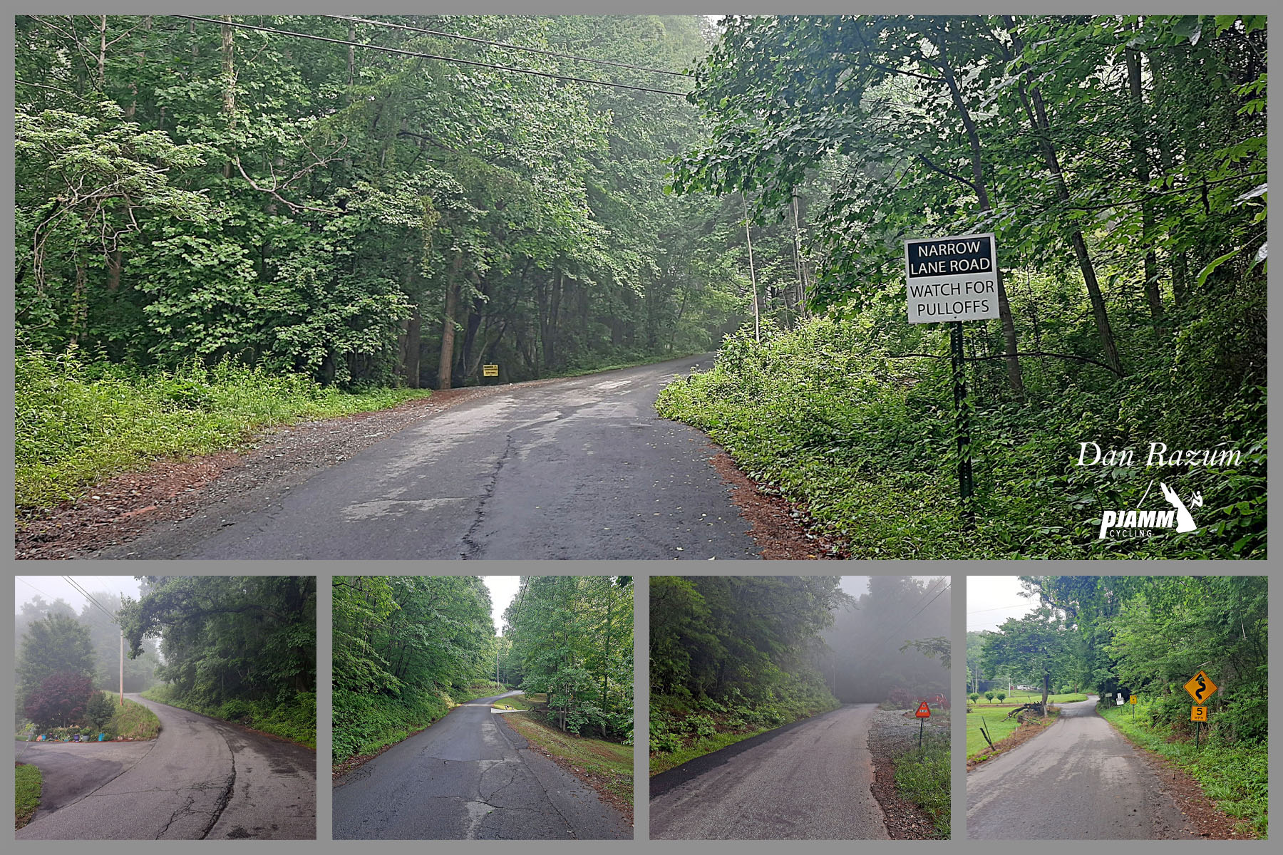 photo collage shows extremely forest-covered roadway, one-lane roadway; sign warns "Narrow lane Road Watch for Pulloffs"