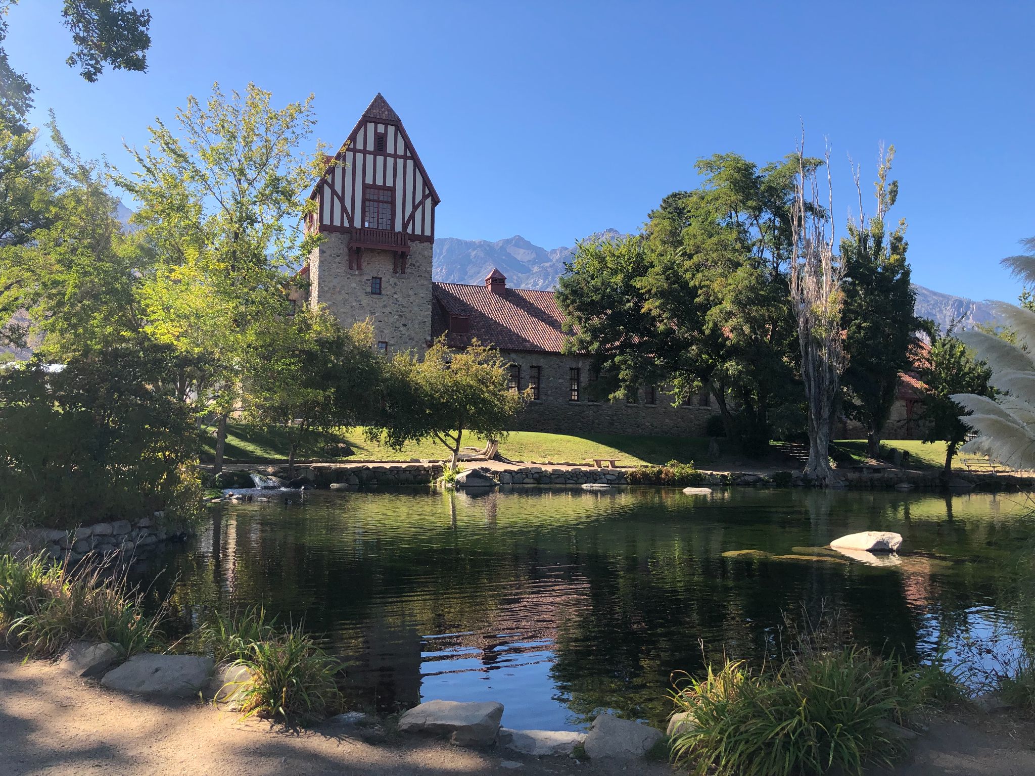 Mt. Whitney Fish Hatchery Pond in front of the German-styled Mt. Whitney Fish Hatchery in Independence, California