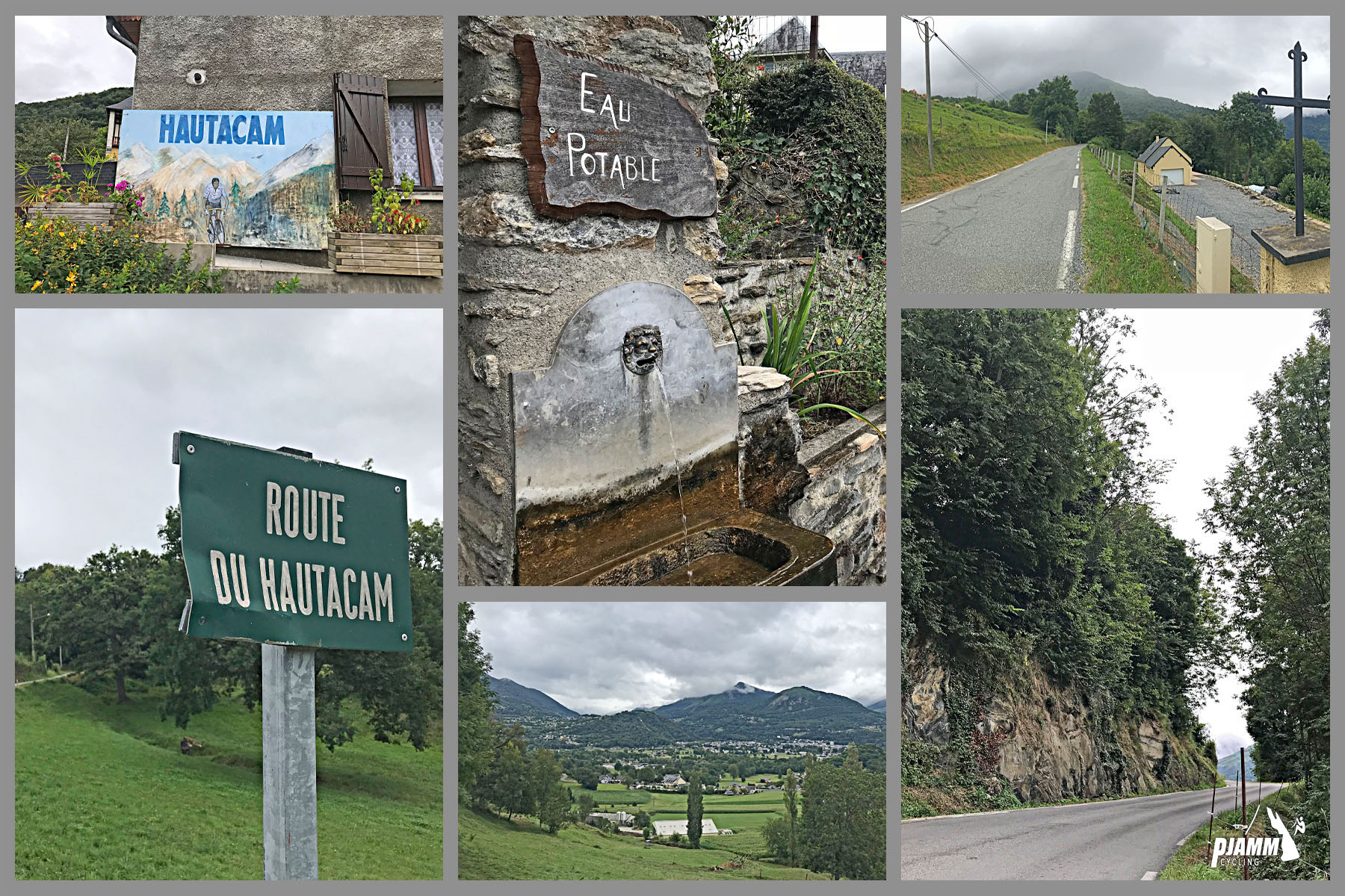 Photo collage shows PJAMM Cycling's climb up Huatacam; old stone drinking faucet, country road signs, lush green pastureland and single lane roadway