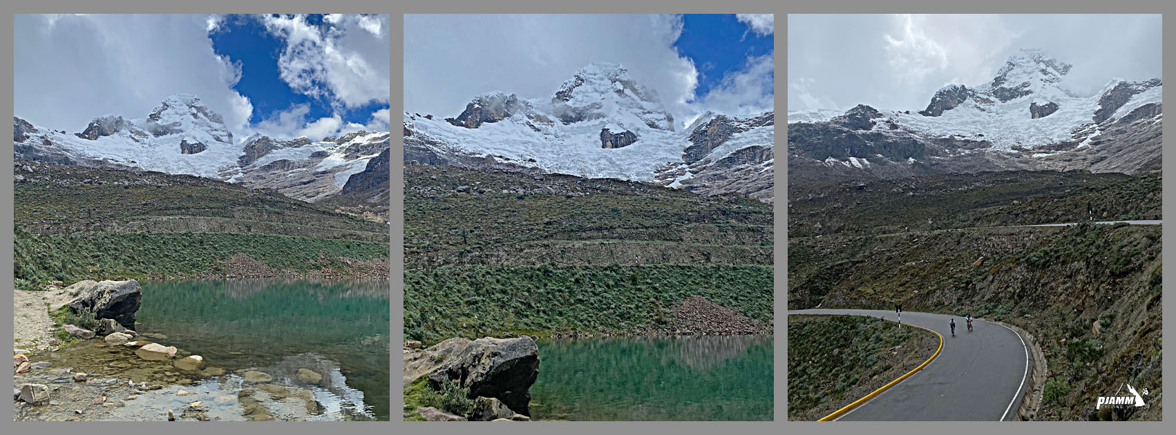 Cycling Punta Olimpica East, Peru - photo collage, views along upper portion of climb, including views of tree-filled valleys, snow capped mountains