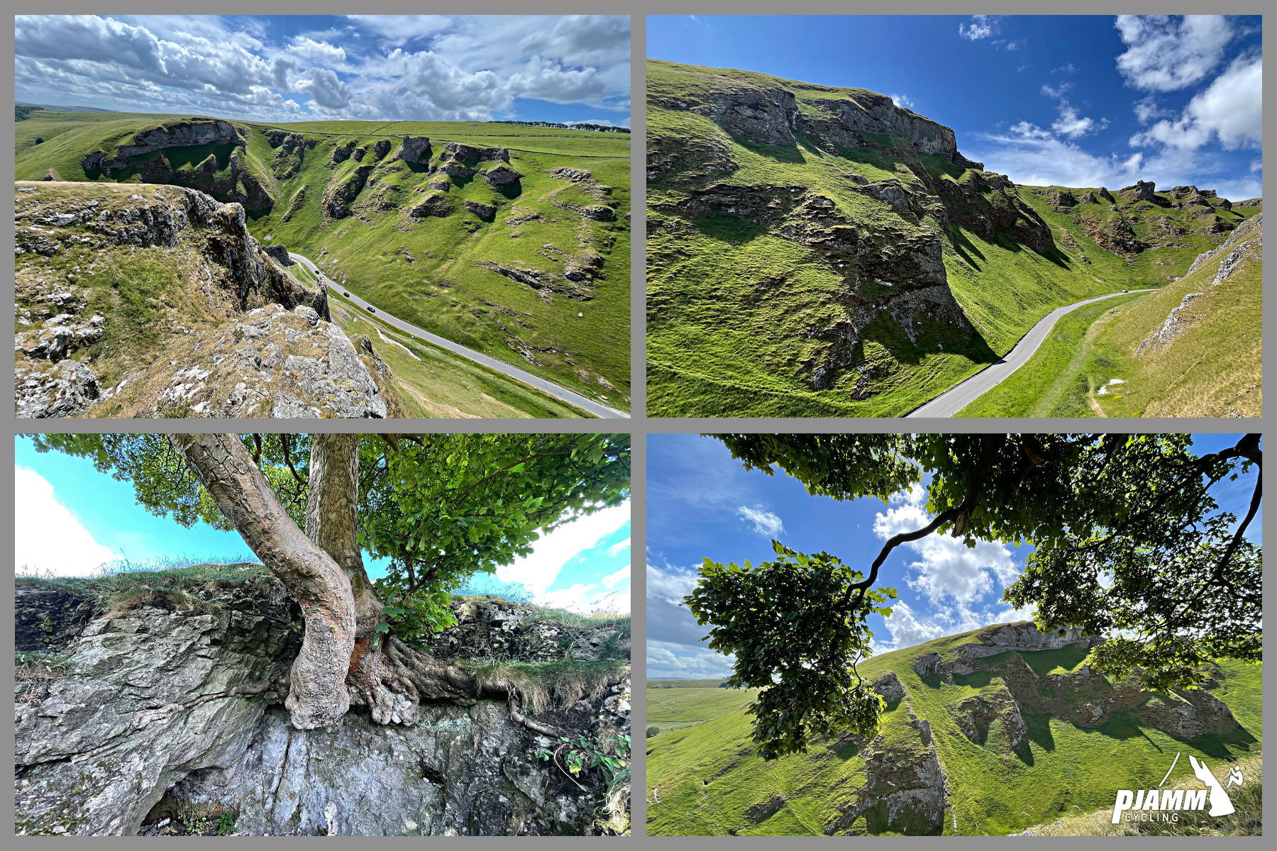 photo collage shows stunning views of rock formations, green hills, and gnarled trees
