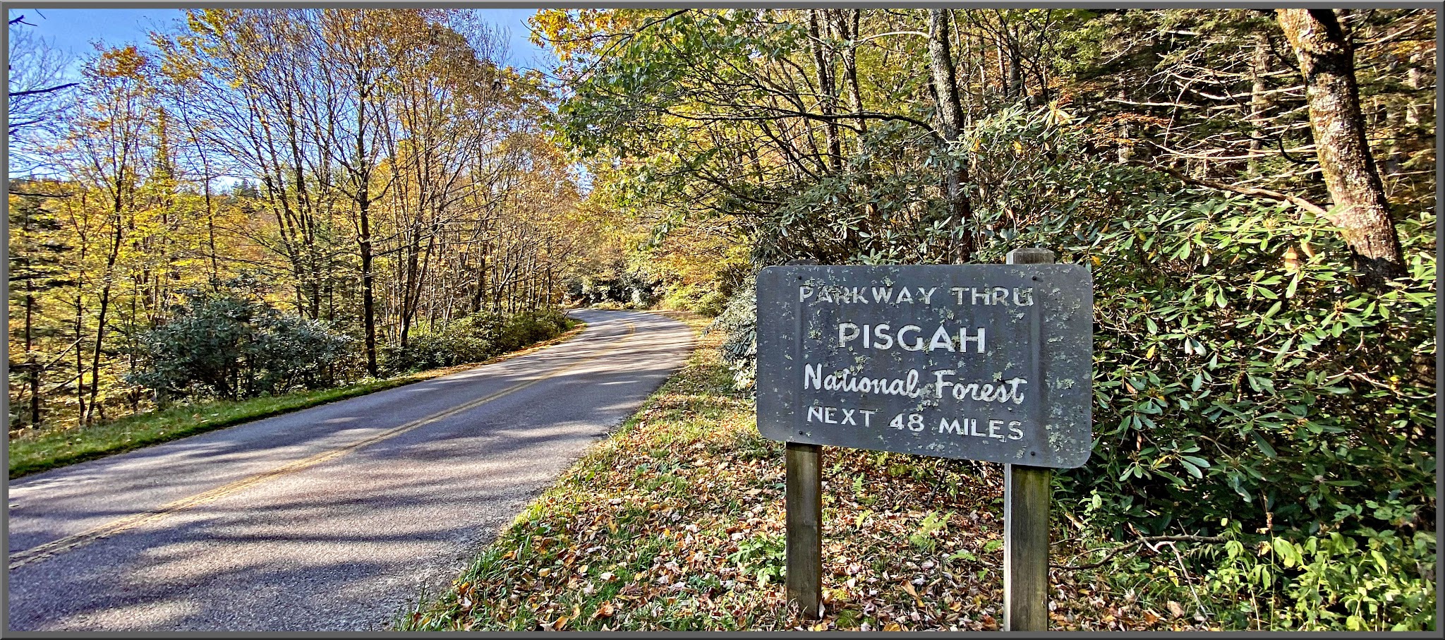 Cycling Mt. Pisgah, Route 151, North Carolina - sign for "Parkway Through Pasgah National Forest, Next 48 Miles" 
