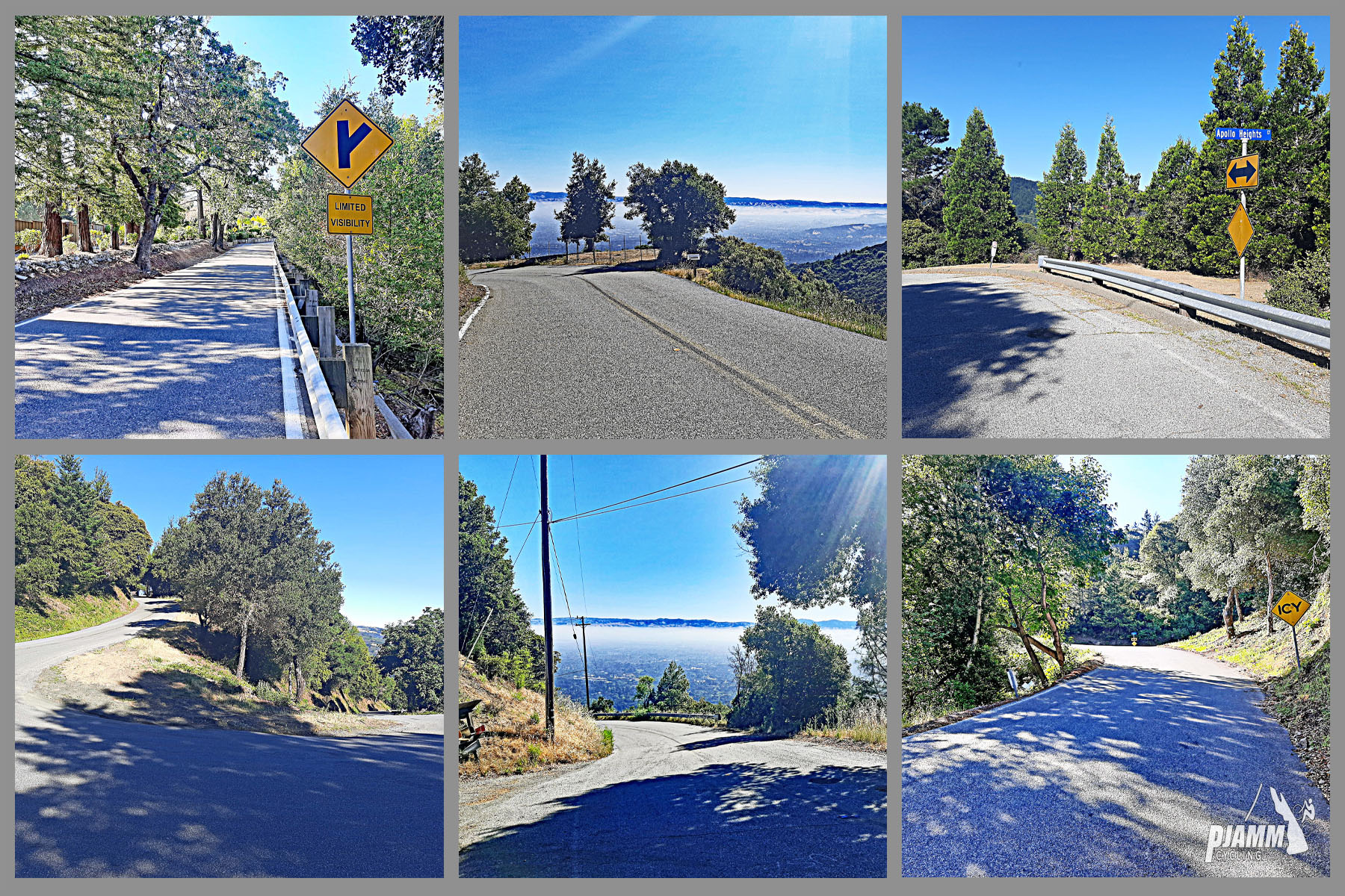 Cycling Bohlman On Orbit - photo collage, PJAMM Cycling logo in corner, stretches of straight, steep, and curved roadways along the hillside