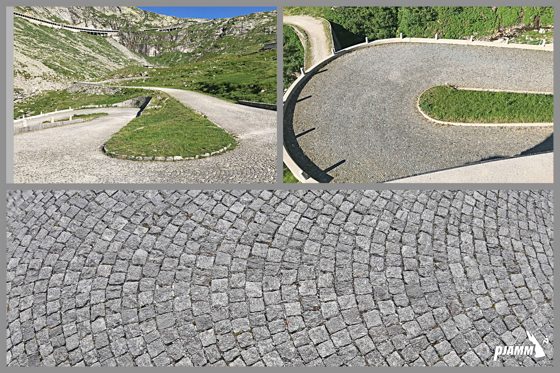 Cycling Gotthard Pass (St. Gotthard Pass), Switzerland - historic segment of road made out of stone cobbles, PJAMM Cycling logo in corner
